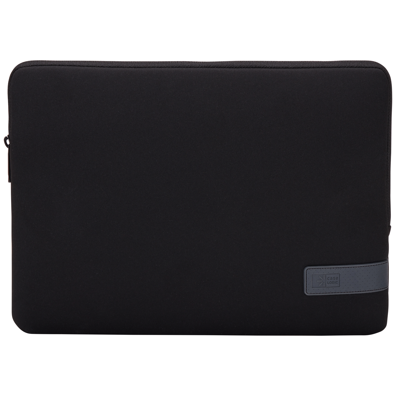 A black laptop sleeve with a grey Case Logic logo on the bottom right. It has a zipper and a stitched border.