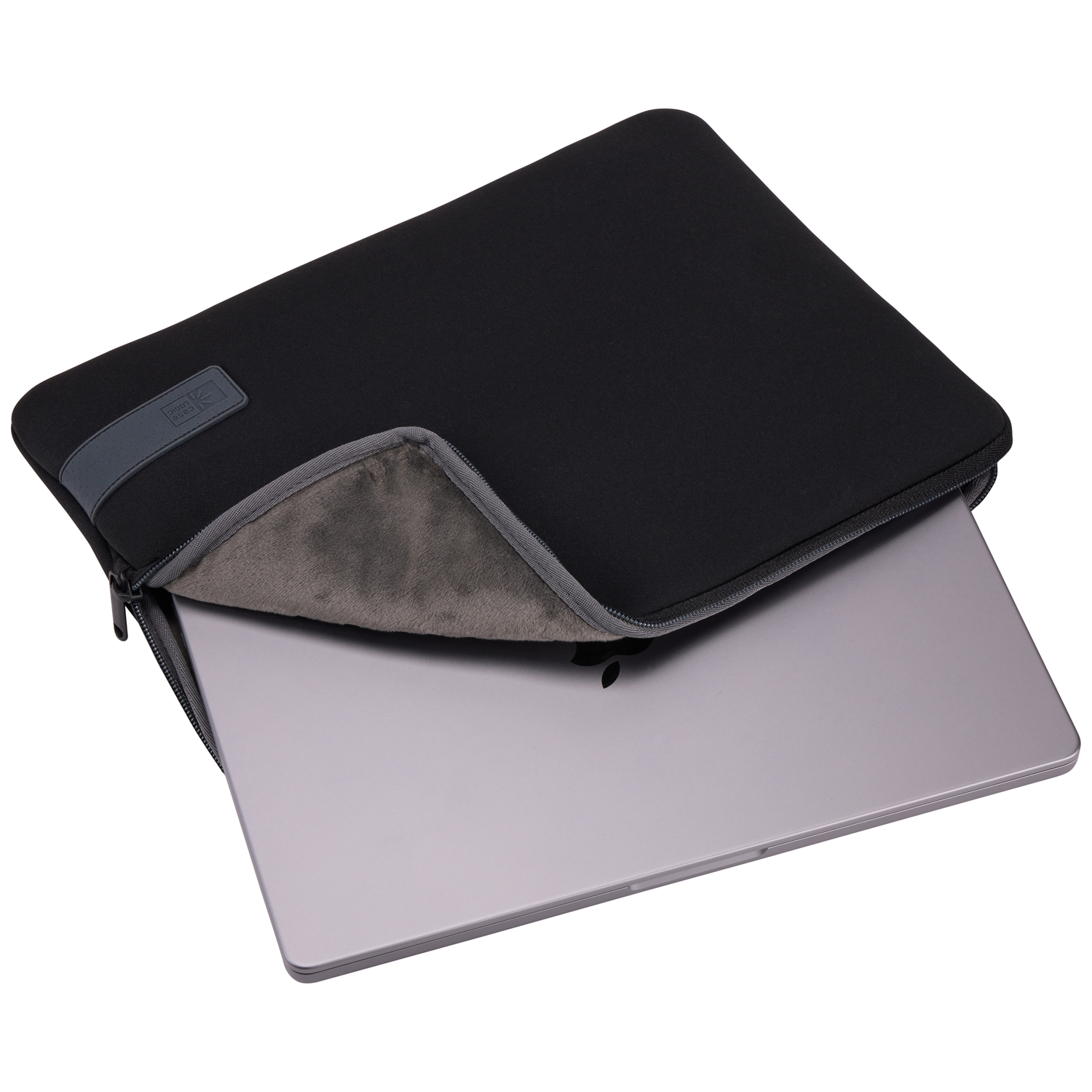 A black laptop sleeve with a silver laptop inside. The sleeve is partly open, showing the gray interior and zipper.