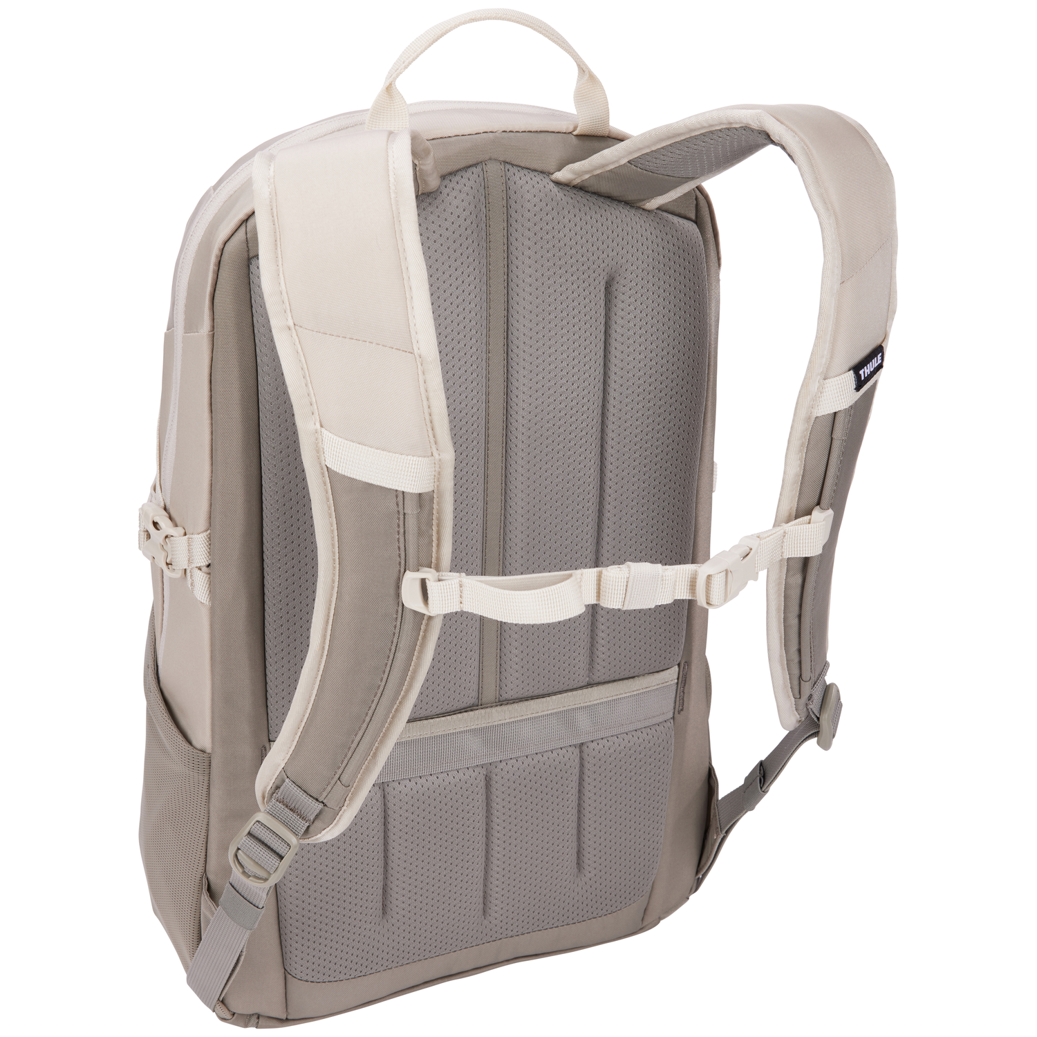 Backpack, beige and gray tones. Features shoulder straps, handle, and back padding. Has multiple compartments and adjustable straps.
