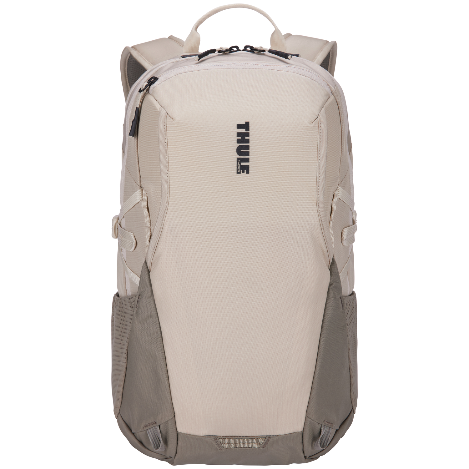 Beige backpack with gray accents, handle, and Thule logo. Zippers and straps visible. Isolated on white background.