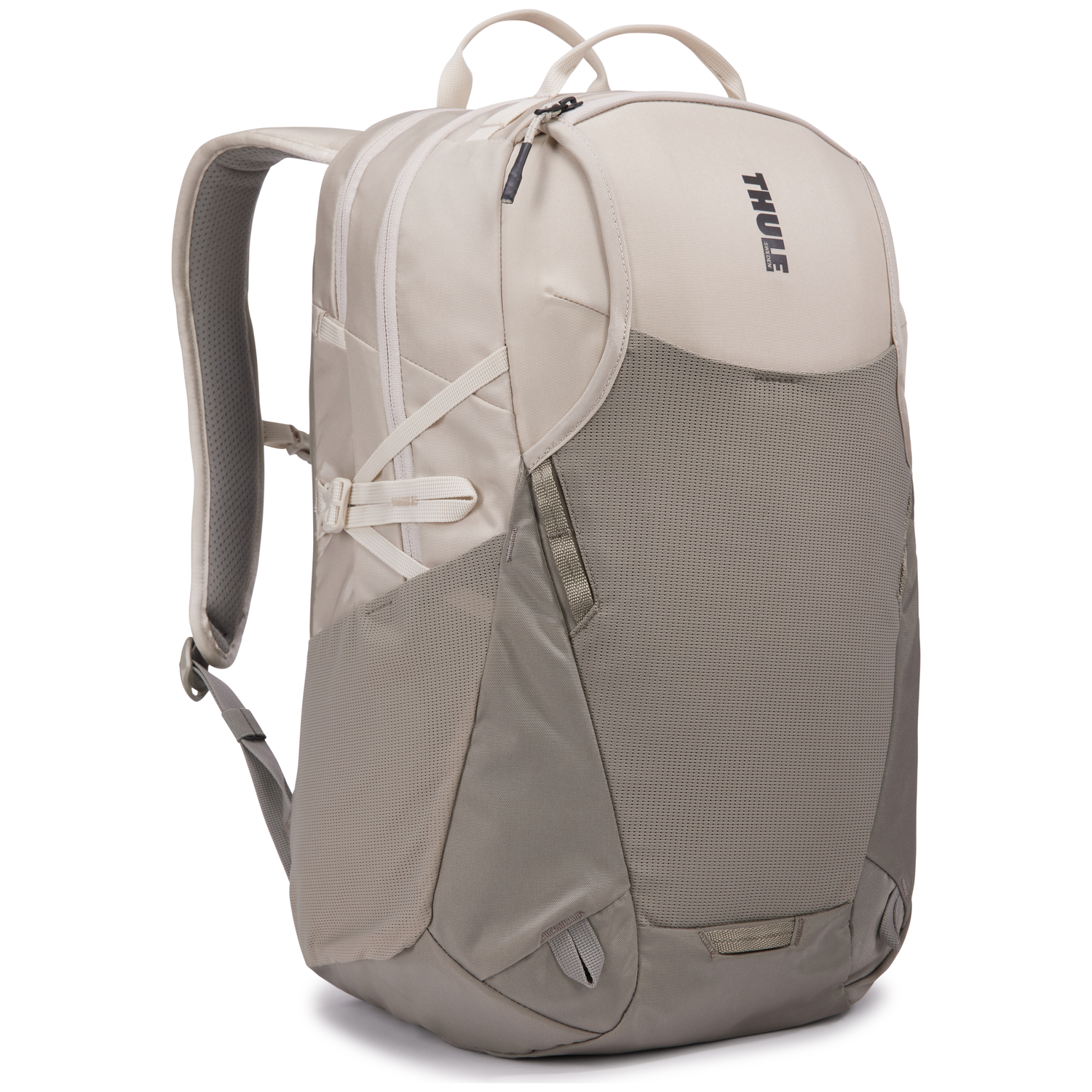 A Thule backpack in beige and gray. It has a main compartment, side pockets, and straps. The logo is visible.