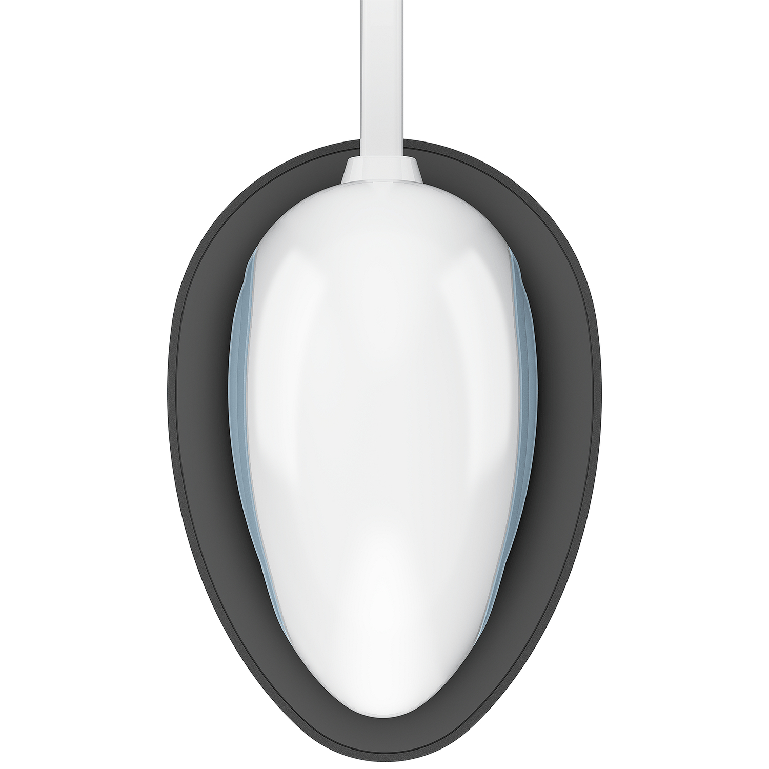 A white object, enclosed in a dark gray oval. A white handle extends from the top. The object has a blue outline.