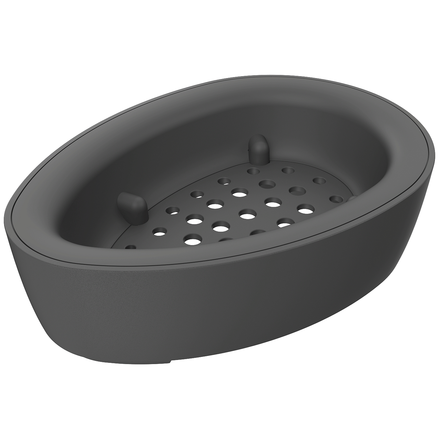 A gray, oval-shaped soap dish. It has a perforated base and two rounded protrusions inside. The dish is on a white background.
