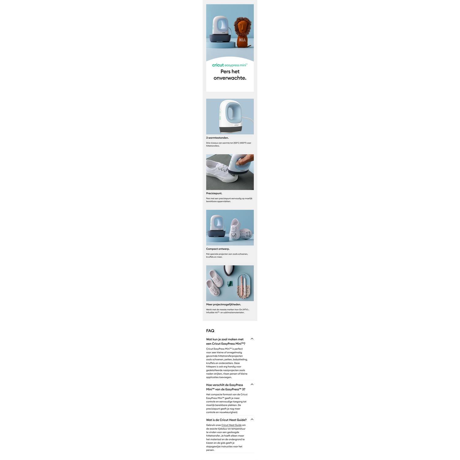 Image shows a white Cricut EasyPress Mini. Text highlights features and uses for various projects like shoes.