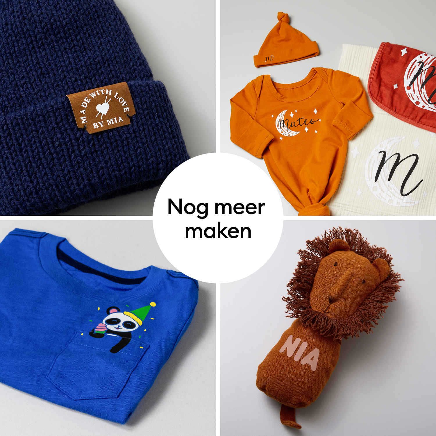Collage of baby items: blue hat, orange onesie, bib, blanket, blue shirt with panda, and lion toy. All on a white surface.