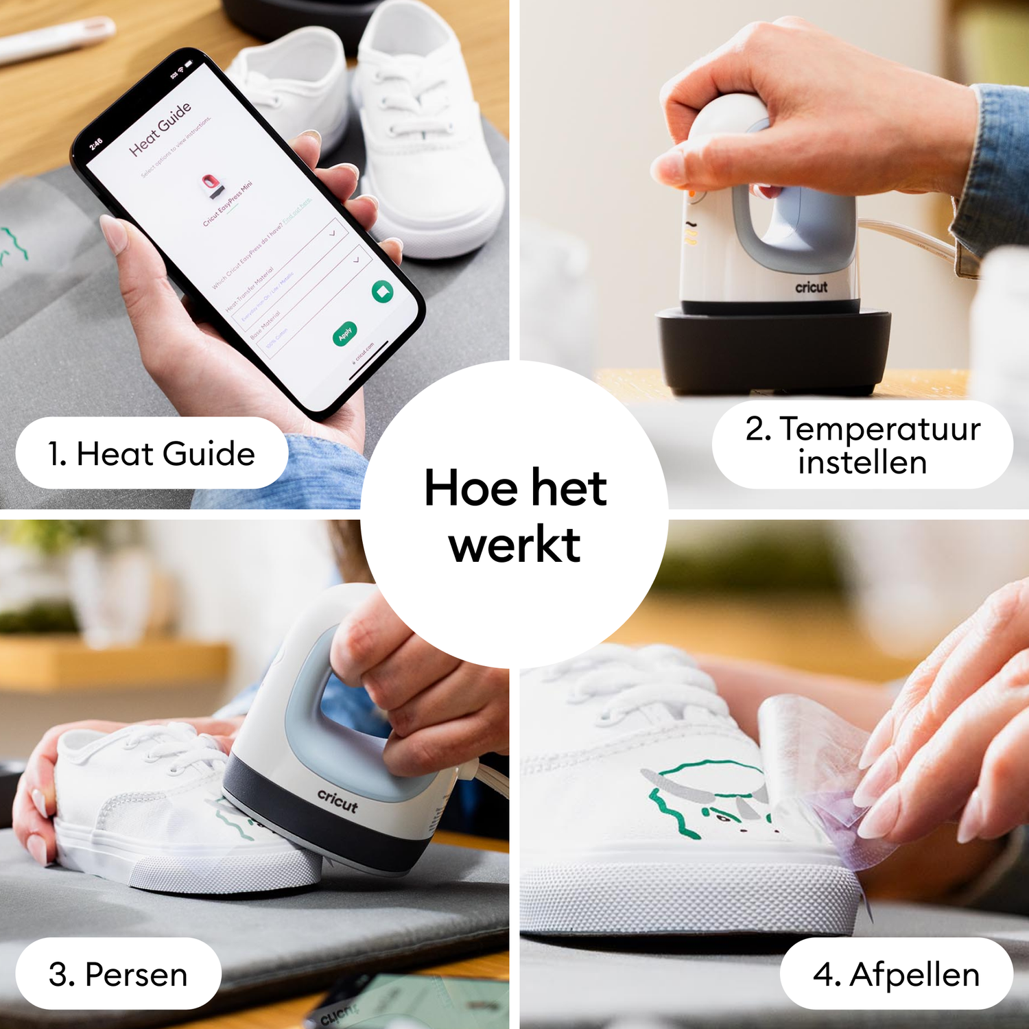 Four images show steps for heat transfer on shoes. A phone displays heat guide. A Cricut iron is used. Heat applied. The design is peeled.