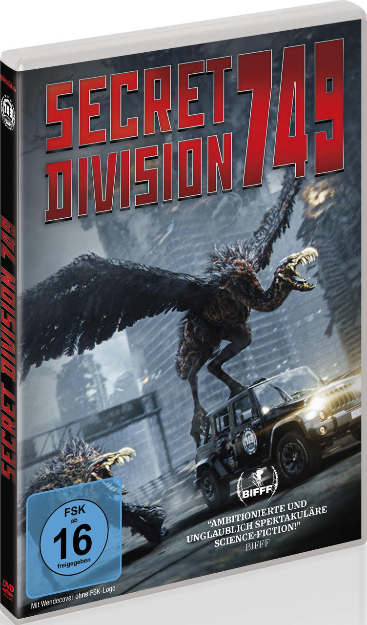 DVD-Cover von "Secret Division 749". Ein Wesen mit großen Flügeln greift einen Jeep an. Roter Titeltext oben.