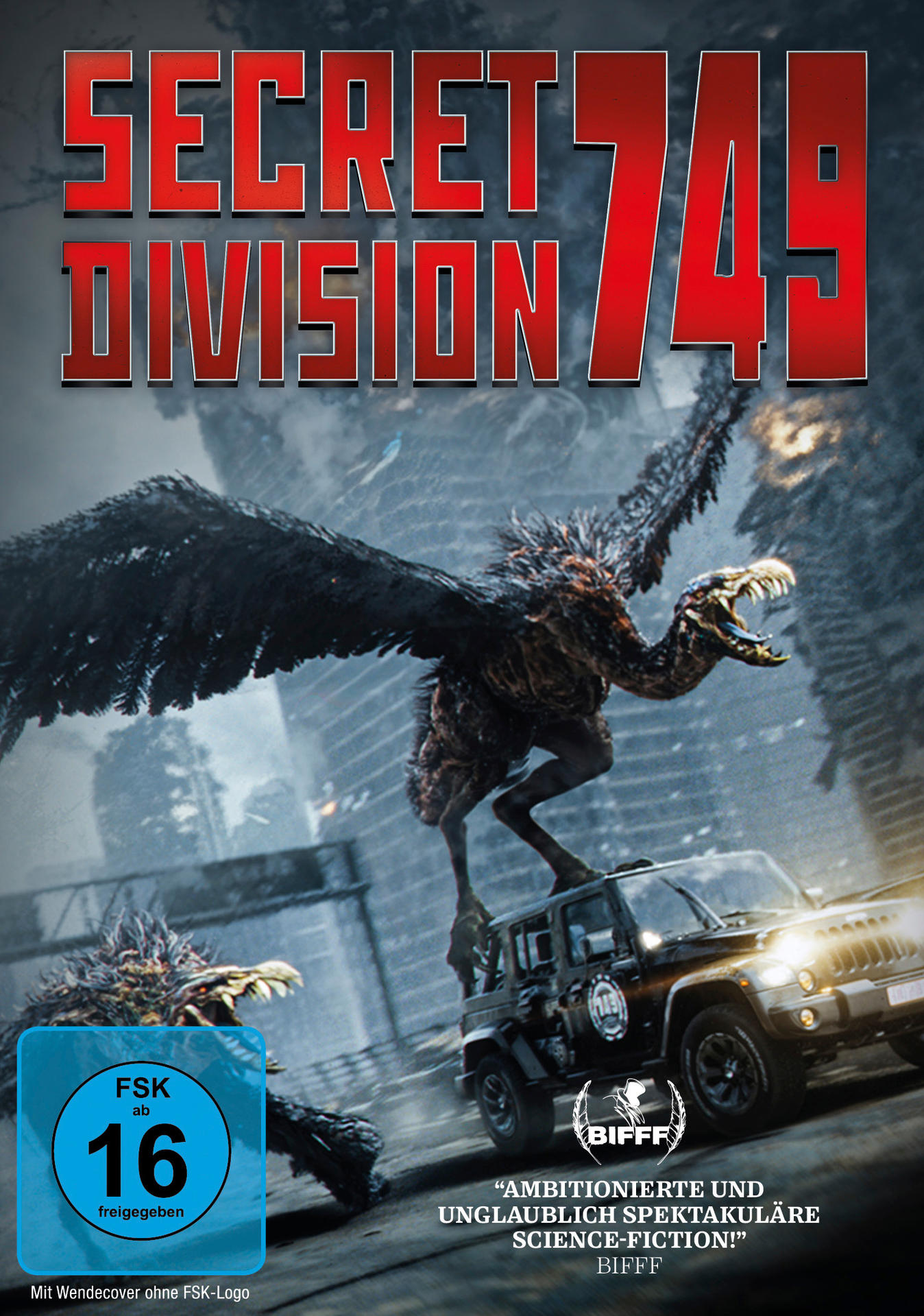 Ein Filmplakat für Secret Division 749. Ein geflügeltes Wesen steht auf einem Jeep. Der Hintergrund zeigt eine Stadt.