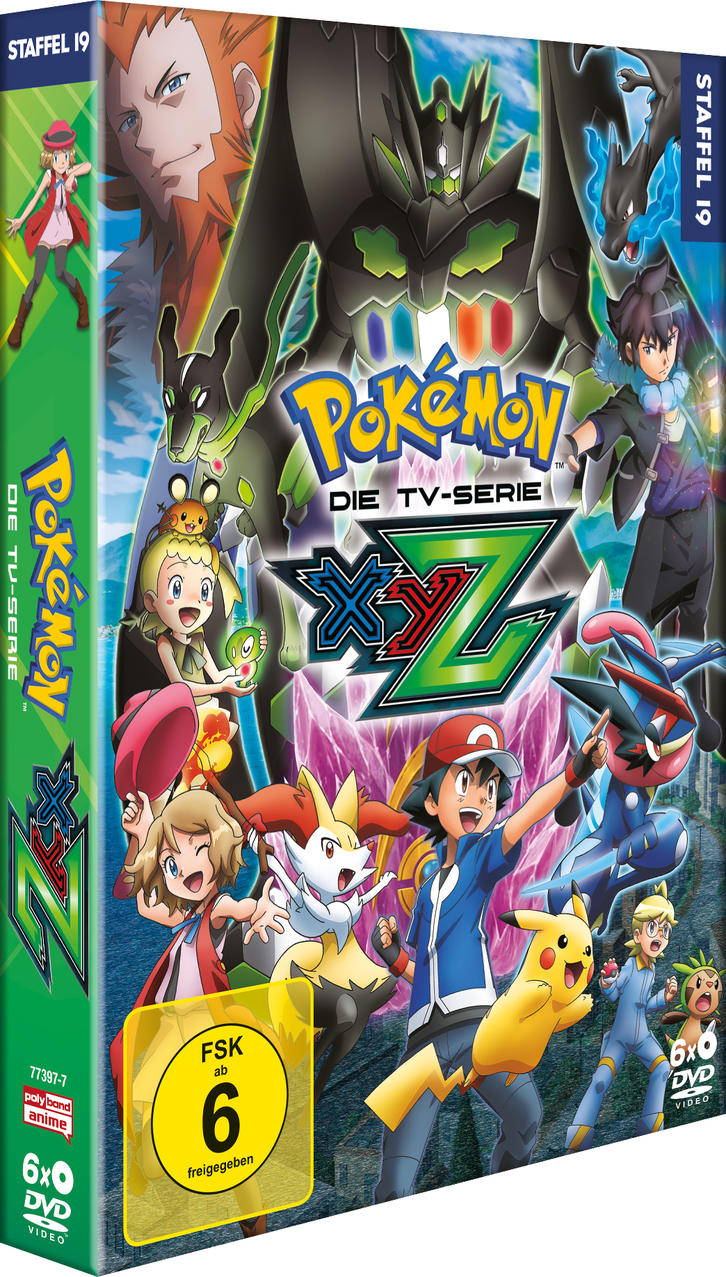 DVD-Cover von Pokémon XY&Z. Es zeigt Charaktere, Pokémon und das Serienlogo. Das Cover ist lebendig und farbenfroh.