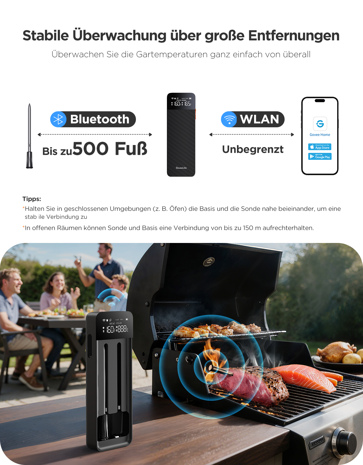 Eine BBQ-Szene. Ein Thermometer zeigt Temperaturen an. Auf einem Grill werden Fleisch und Fisch gegart. Im Hintergrund sitzen Leute an einem Tisch.