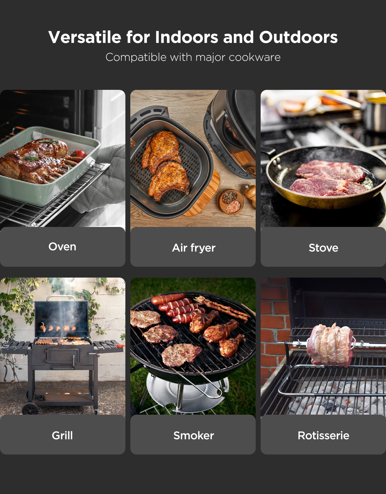 Das Bild zeigt verschiedene Kochmethoden: Ofen, Fritteuse, Herd, Grill, Smoker und Drehspieß, mit gekochtem Essen.
