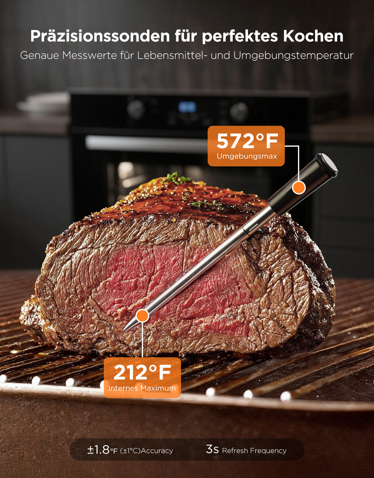 Ein Steak wird mit einem Thermometer gemessen. Die Temperatur wird mit 212°F und 572°F angezeigt. Es hat eine 3s Aktualisierungsfrequenz.