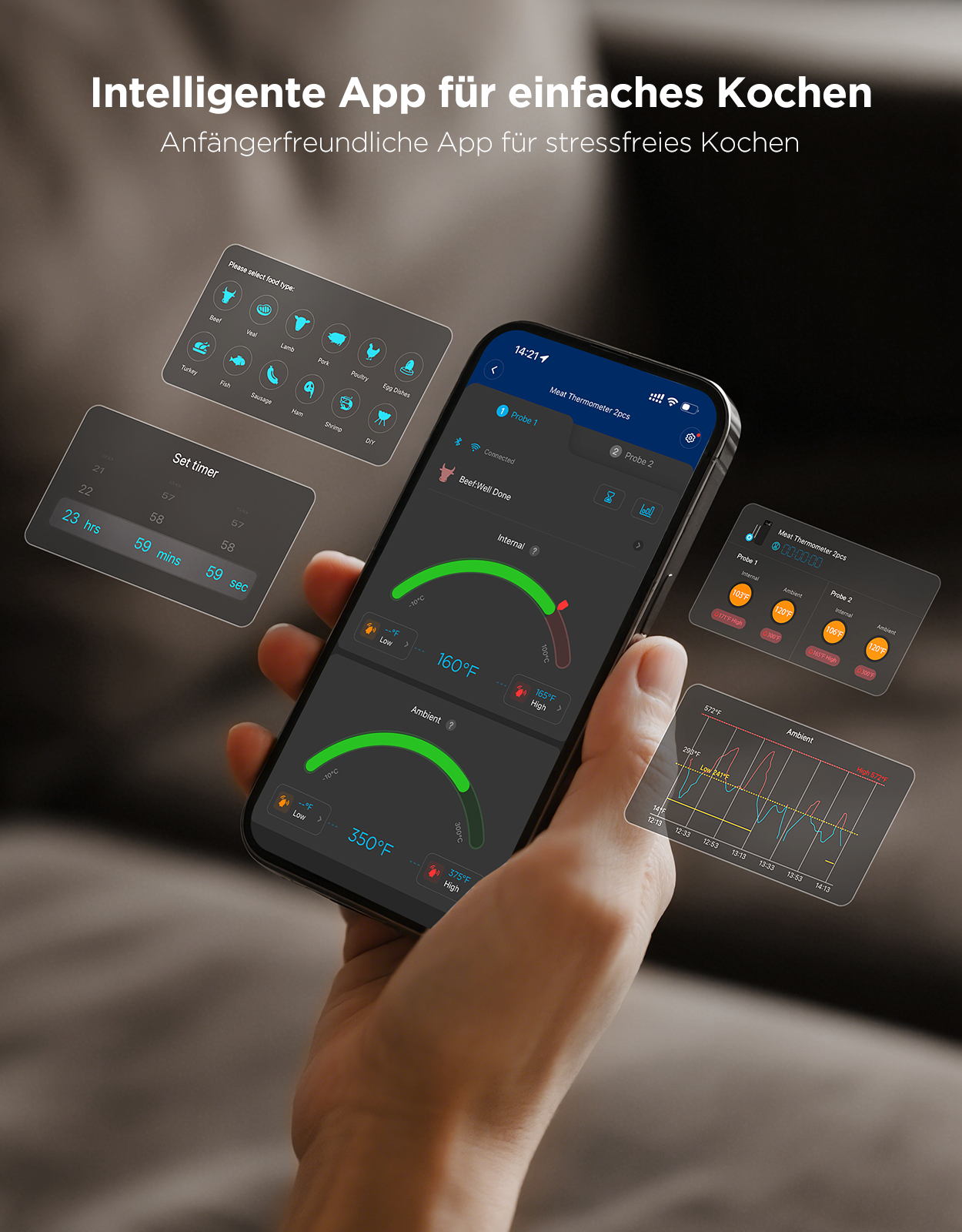 Eine Hand hält ein Smartphone mit einer Koch-App-Oberfläche. Die App zeigt Timer, Temperatur und Optionen für die Art des Lebensmittels an.