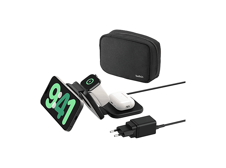 Caricabatterie Magsafe Belkin BoostCharge Pro, stazione di ricarica wireless magnetico da viaggio 3 in 1 con Qi2 15W per iPhone, Apple Watch e