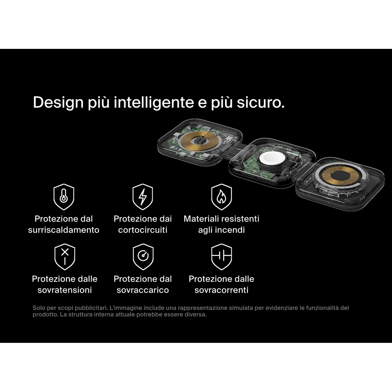 L'immagine mostra uno sfondo nero con un design del prodotto e icone di sicurezza e testo in italiano.