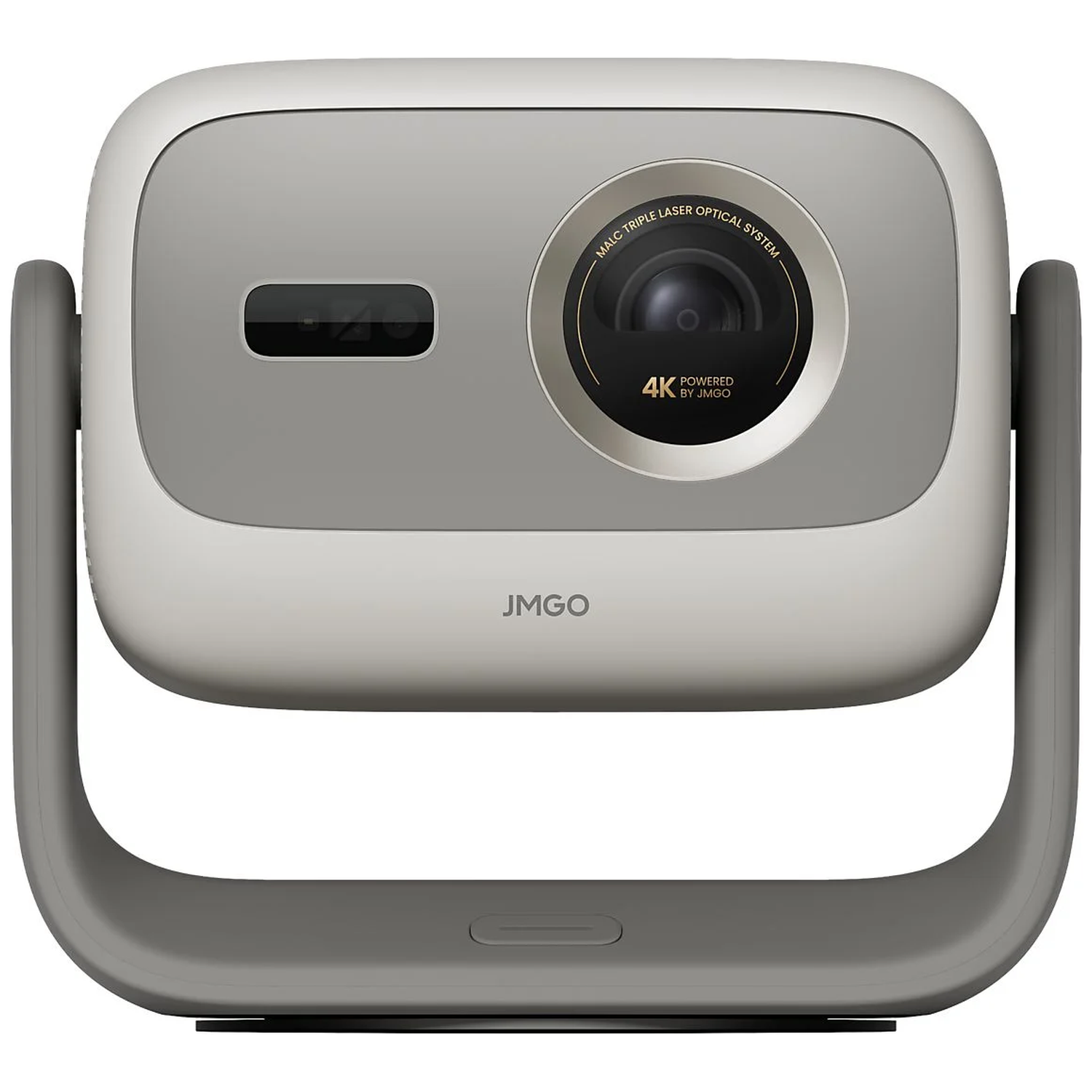 A white and gray projector with a lens and stand. It has the text '4K Powered by JMGO' and 'MALC Triple Laser Optical System'.