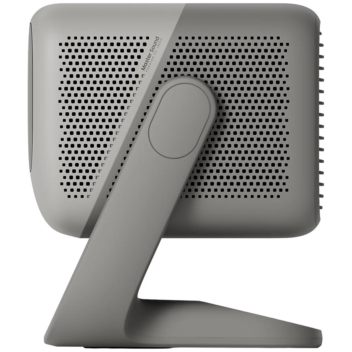 A gray speaker with a stand. The speaker has a perforated surface. The stand is also gray and supports the speaker.