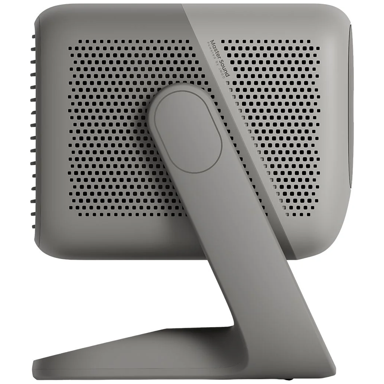 A gray speaker with many small holes on the surface, supported by a gray stand, and the brand name is visible.