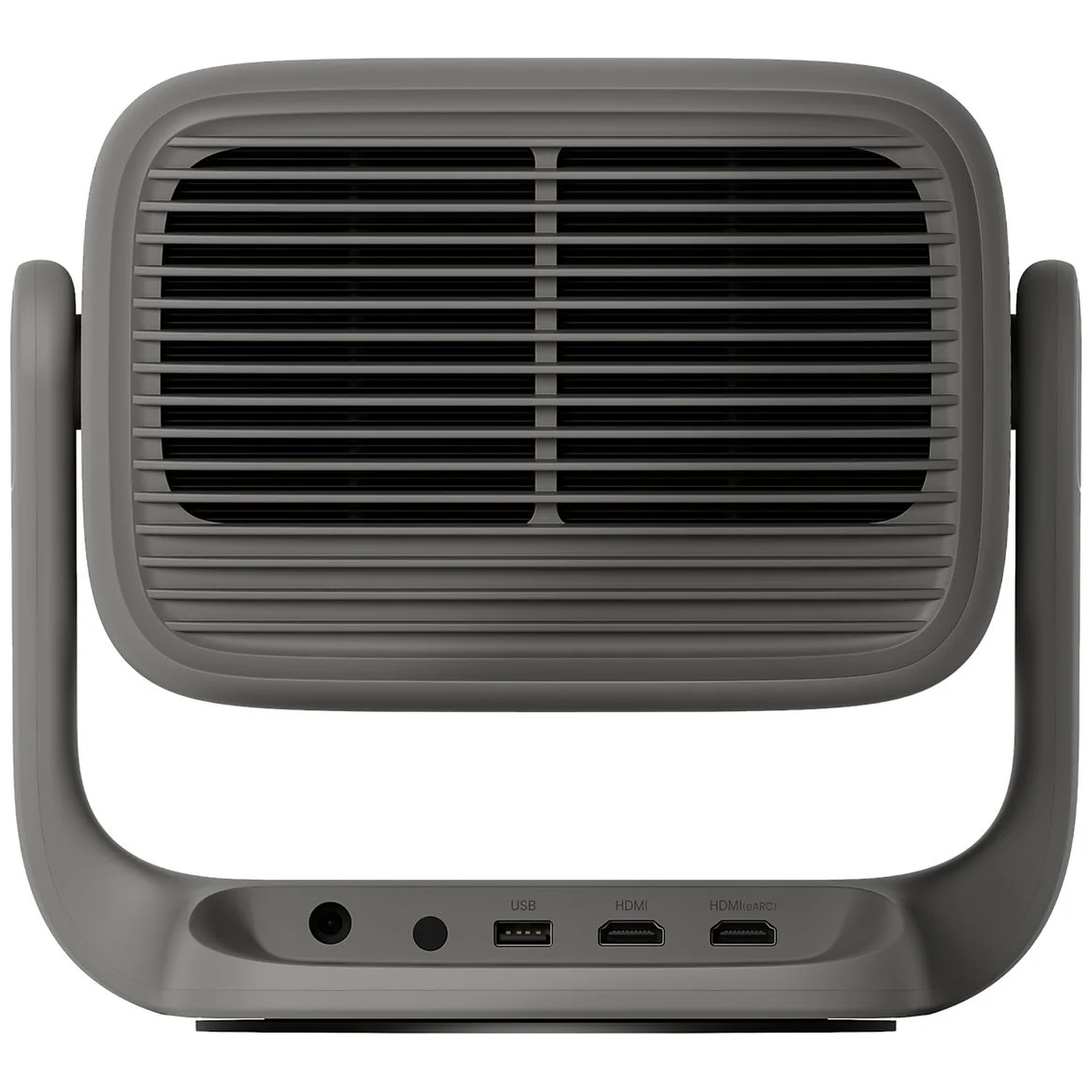 A gray projector with a fan grille, curved support arms, and ports for USB, HDMI, and power.