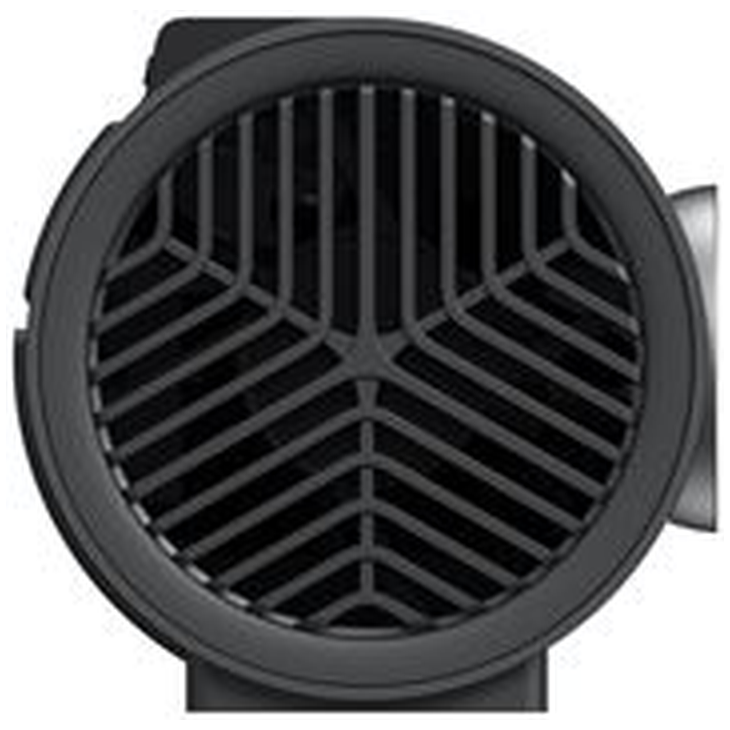 Close-up of a black fan. The fan has a circular design with a grid pattern in front. The frame and the grid are black.