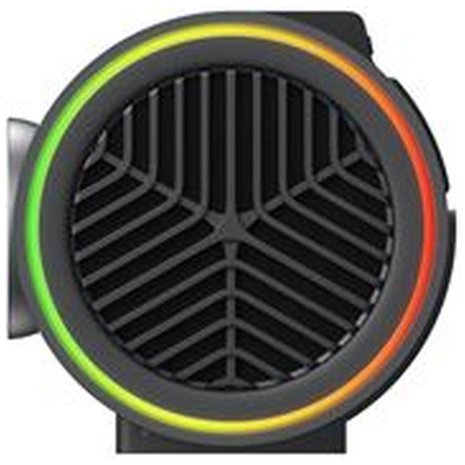 A black circular device with a grill, surrounded by a ring of color that transitions from green to yellow to orange to red.
