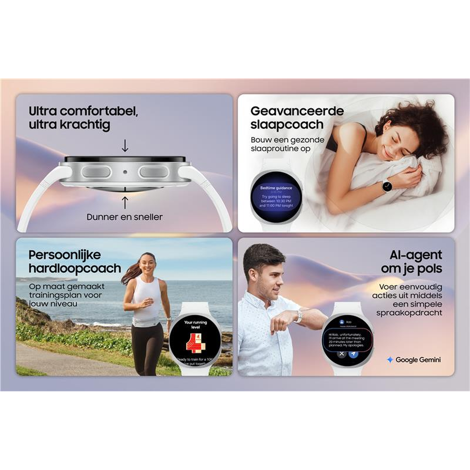 The image shows a smartwatch with features like sleep tracking, running coach, and AI assistant. People are using the watch.