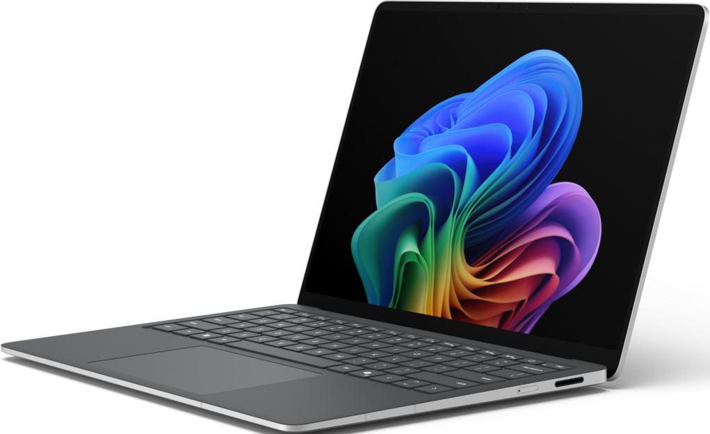 Ein grauer Laptop ist geöffnet und zeigt ein farbenfrohes abstraktes Design. Der Hintergrund ist schwarz.