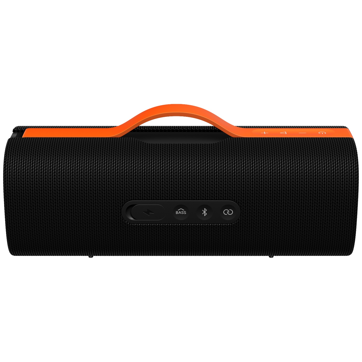 Een zwarte en oranje speaker. Het heeft een oranje handvat, knoppen en een mesh speaker cover.