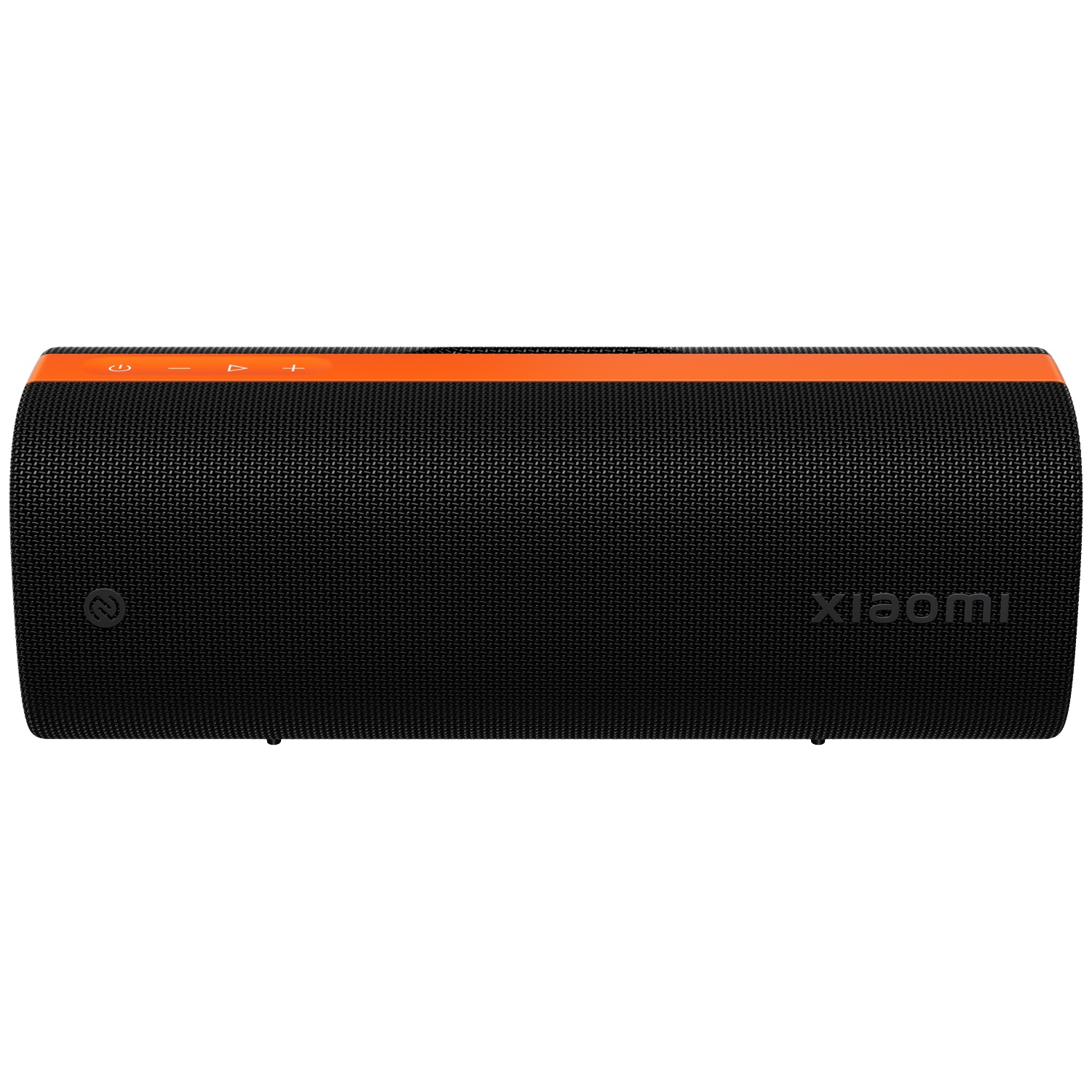 Zwarte Xiaomi-luidspreker. Het heeft een oranje streep aan de bovenkant met bedieningsknoppen. De luidspreker heeft een getextureerd oppervlak.