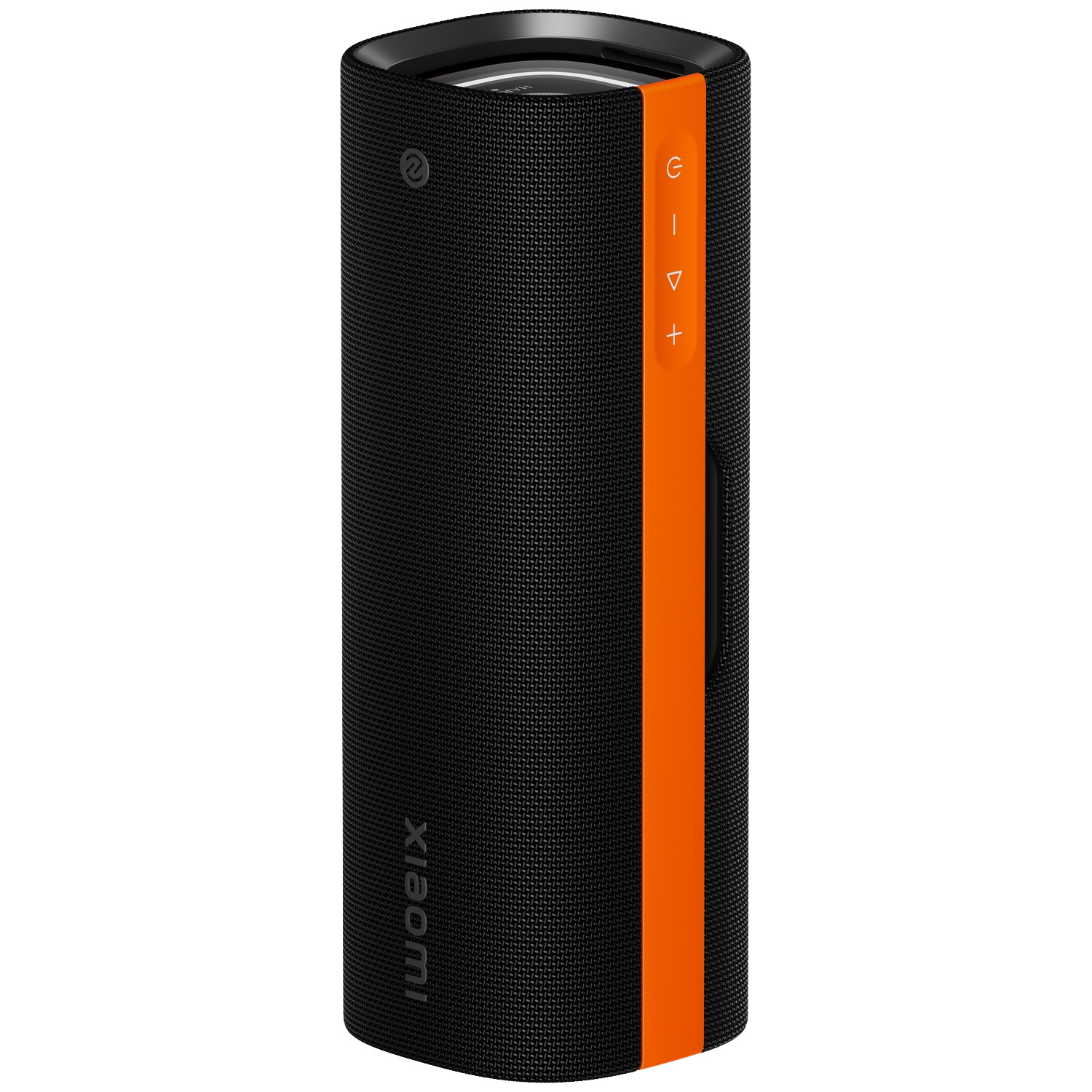 Zwarte cilindrische luidspreker met oranje streep. Xiaomi-logo onderaan. Volume- en aan/uit-knoppen op de oranje strip.