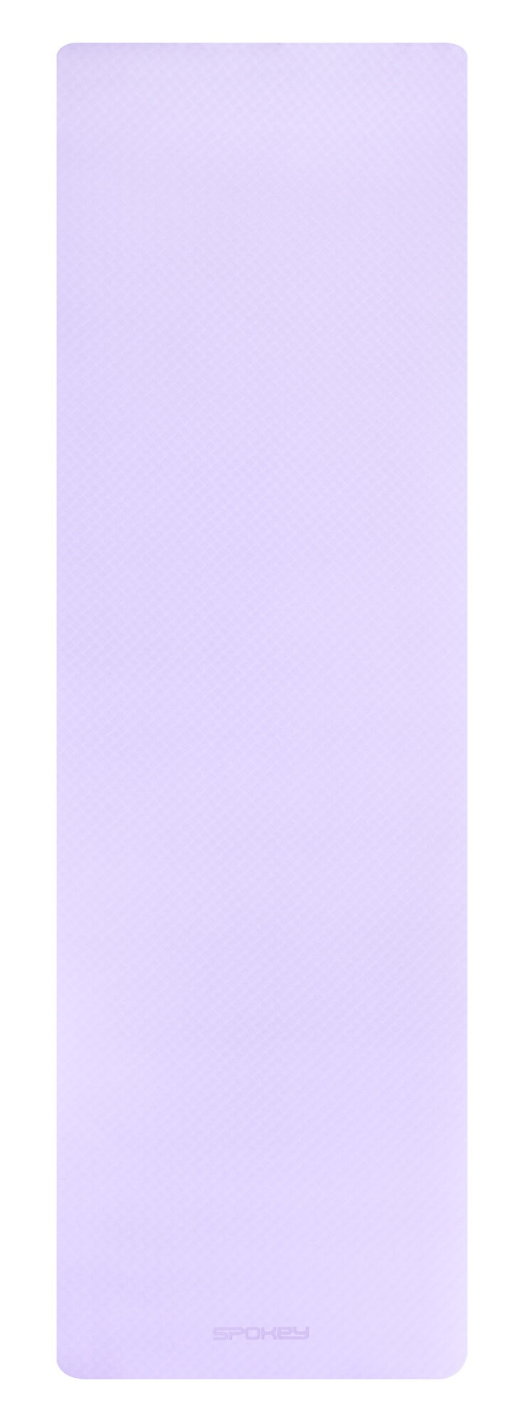 Jasnofioletowa mata do jogi na białym tle. Mata ma teksturowaną powierzchnię z nazwą marki na dole.