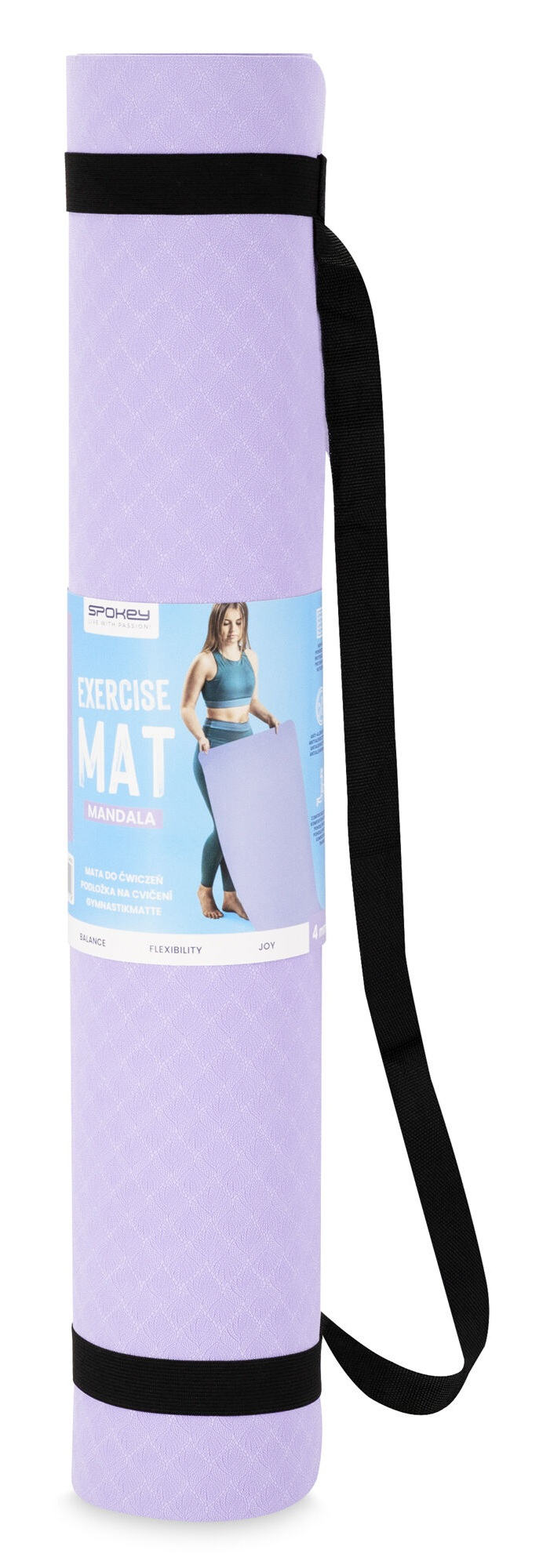 Zwinięta lawendowa mata do ćwiczeń z czarnym paskiem i opaską. Etykieta przedstawia kobietę trzymającą matę.