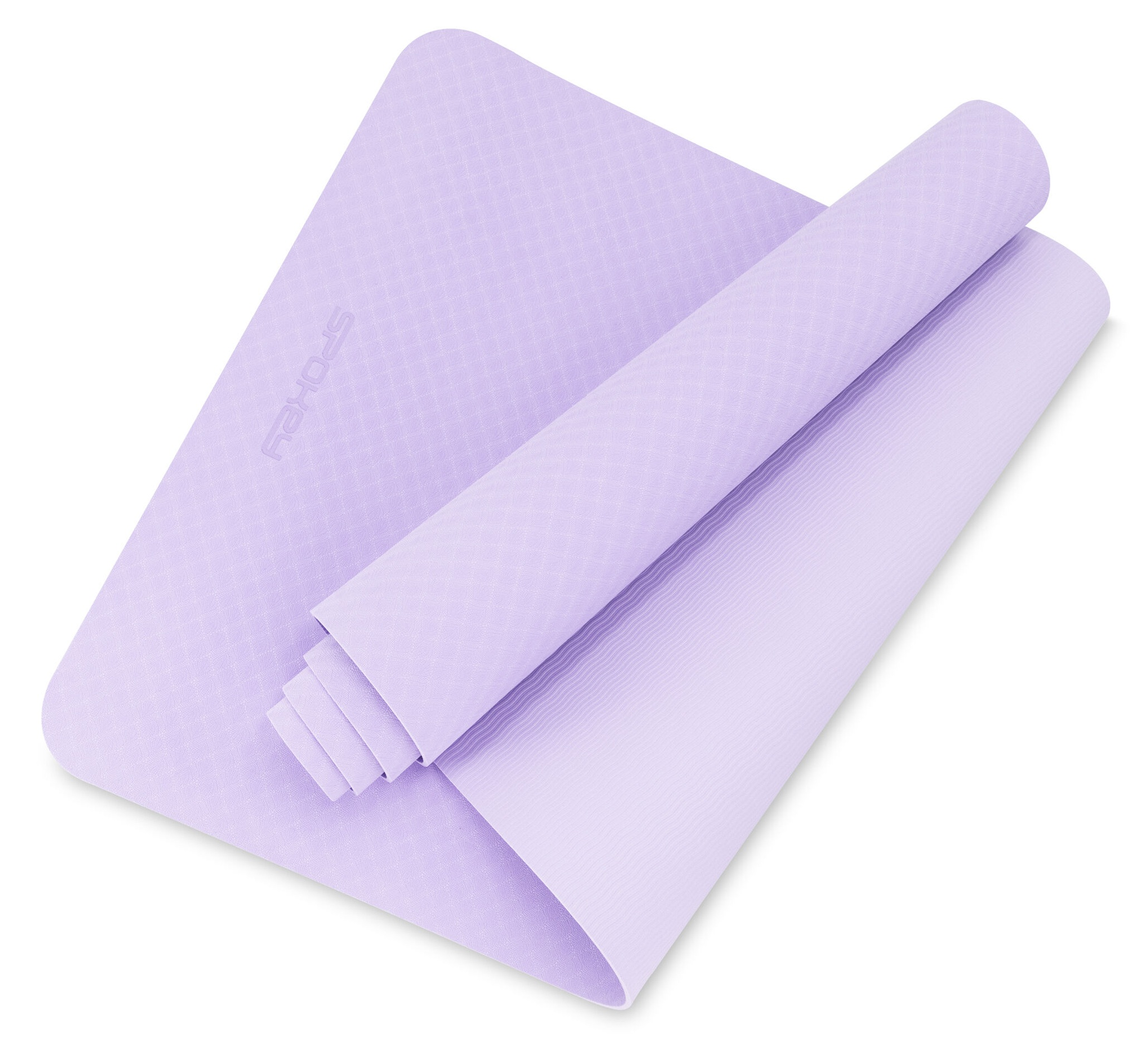 Jasnofioletowa mata do jogi częściowo zwinięta. Widoczna nazwa marki SPOKEY. Białe tło.