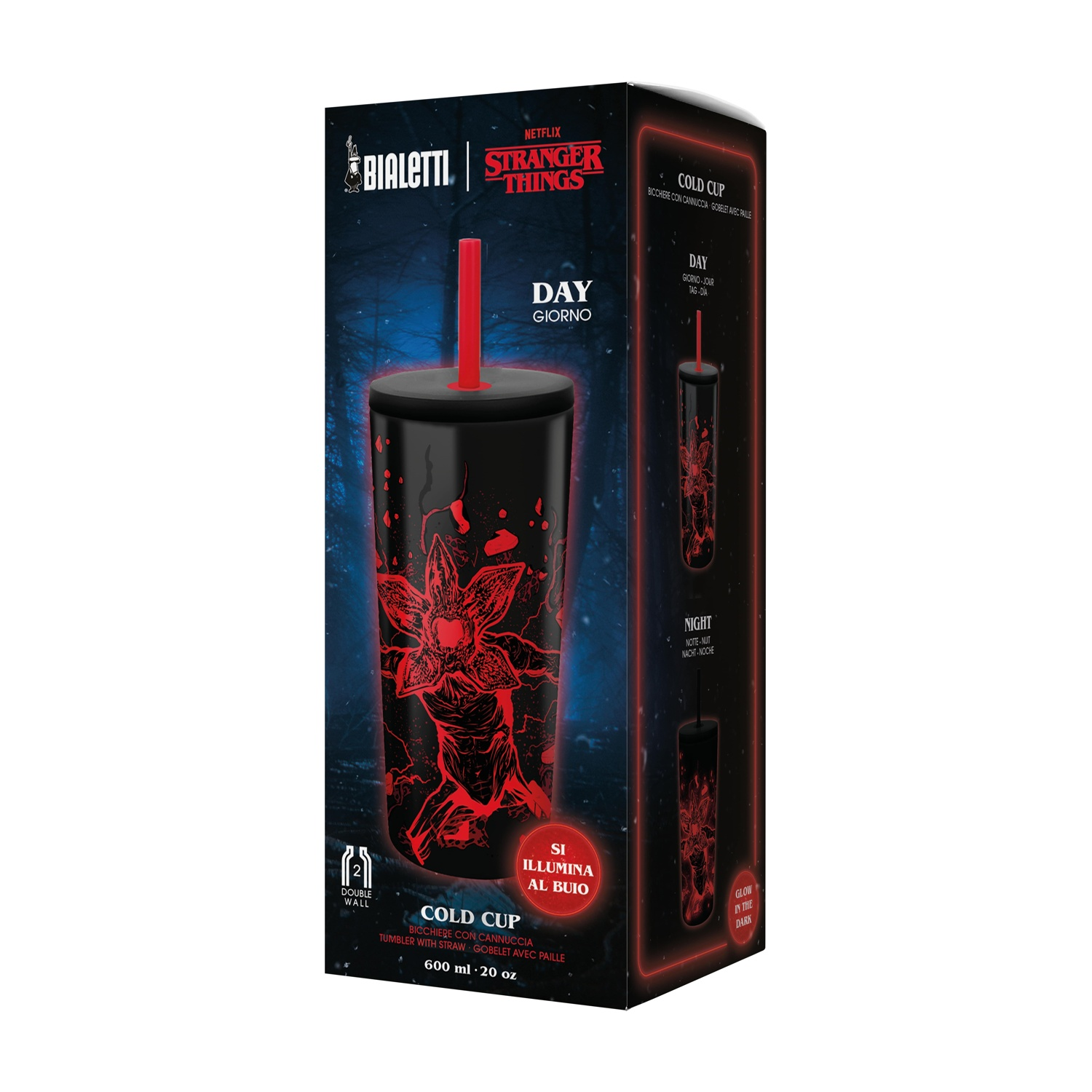 Bicchiere freddo nero Stranger Things con design Demogorgon rosso e cannuccia. Confezionato in una scatola con dettagli e marchio.