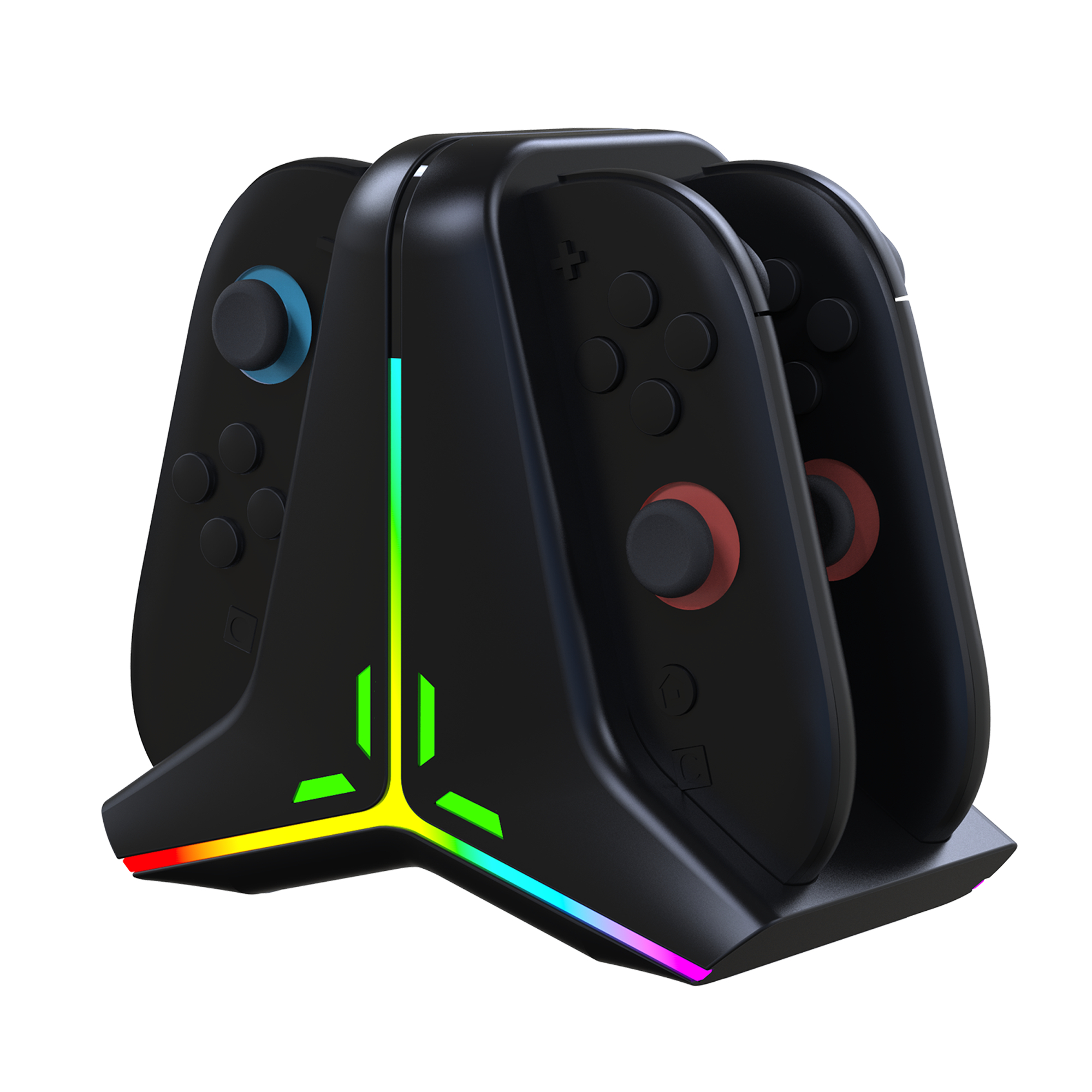 Schwarze Controller-Ladestation mit bunten Lichtern. Zwei Controller sind eingesetzt. Schwarze Knöpfe und bunte Lichter sind sichtbar.