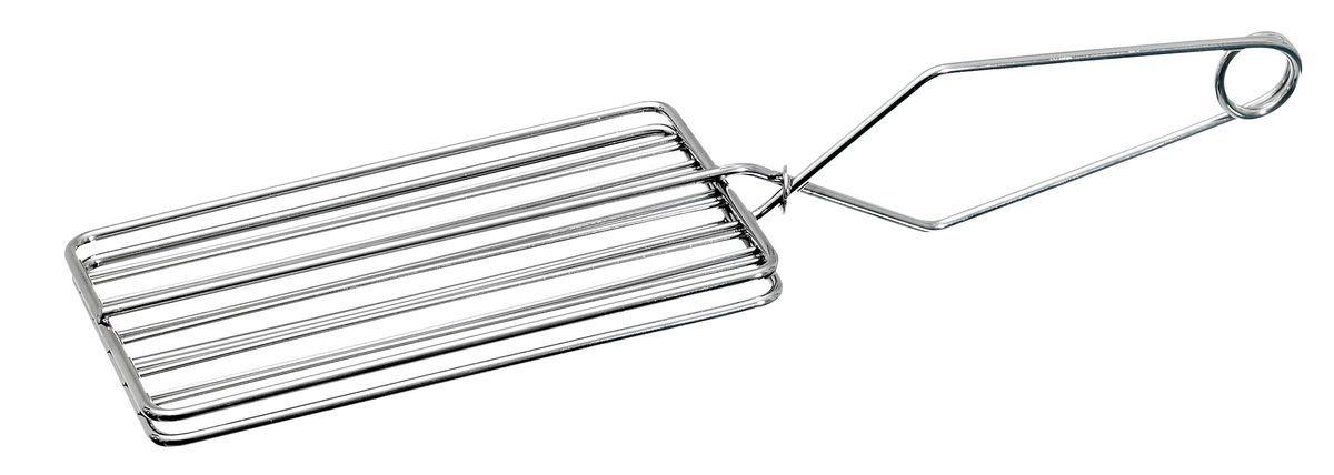 Ein Metallgrill mit Griff. Der Grill ist rechteckig mit parallelen Stäben. Der Griff hat eine Schlaufe am Ende.