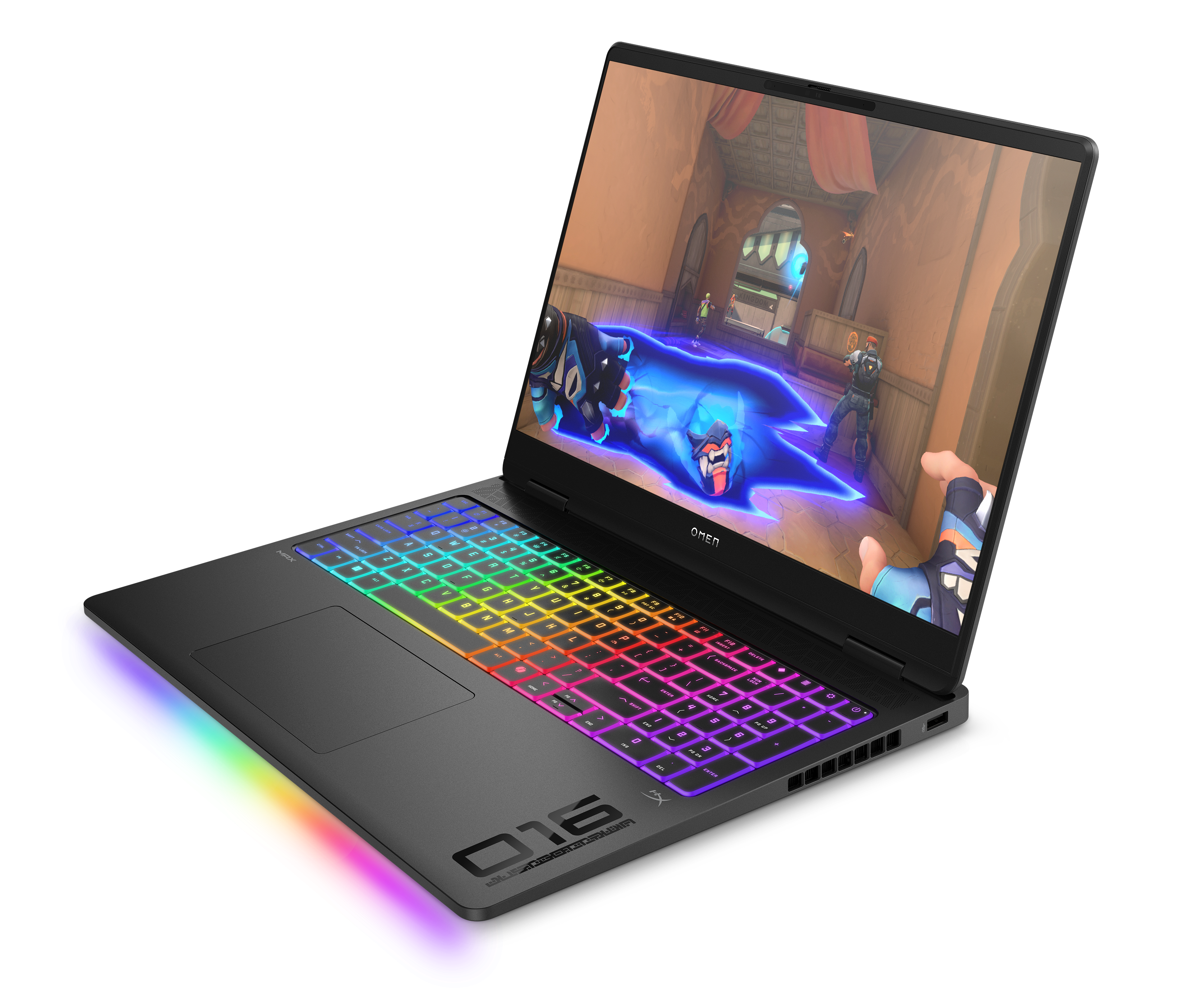 Gaming laptop with a lit keyboard. Display shows a game scene. Colorful light bar on the edge, black background.