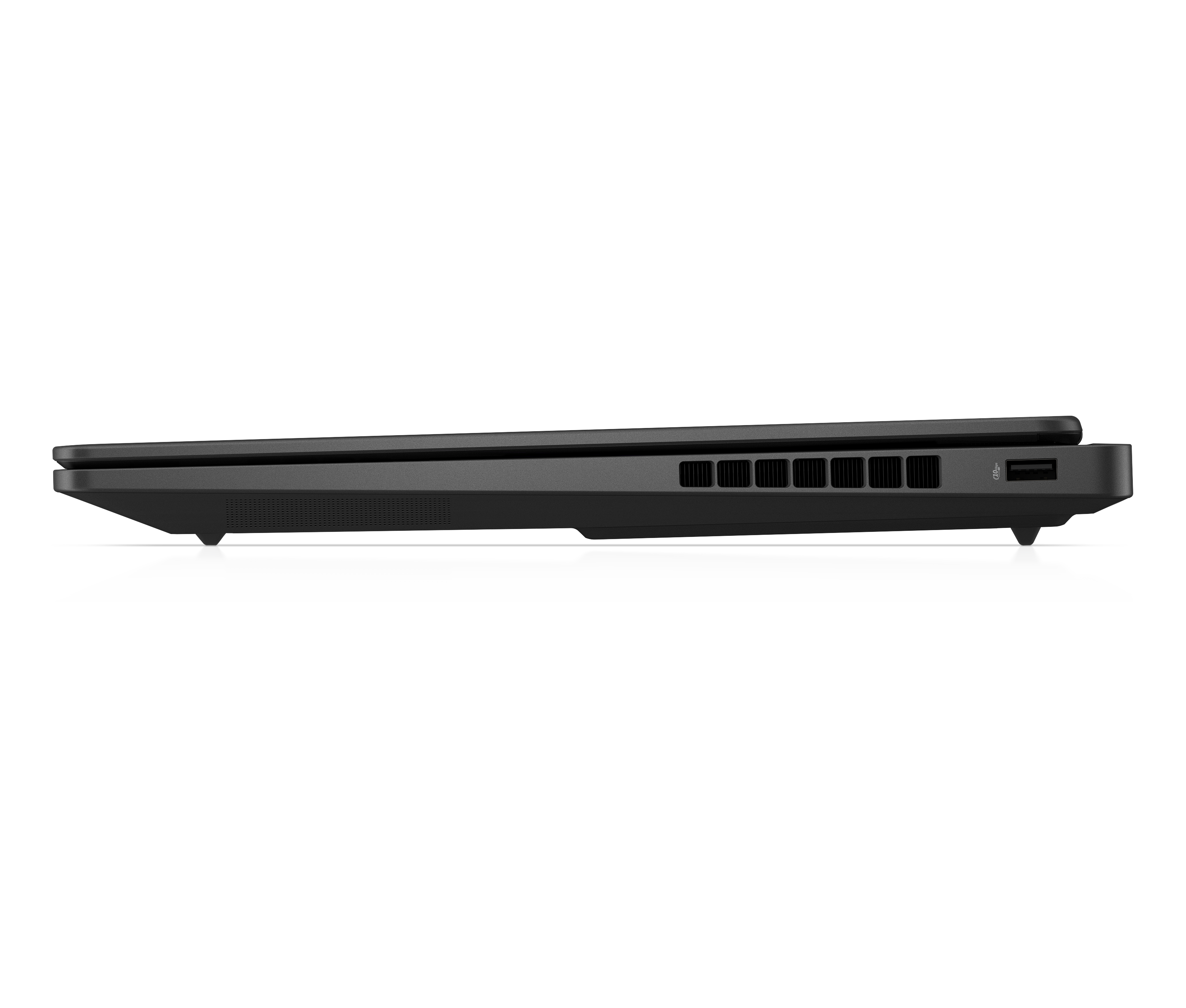 Side view of a black laptop on a white surface, with multiple vents and a USB port visible.