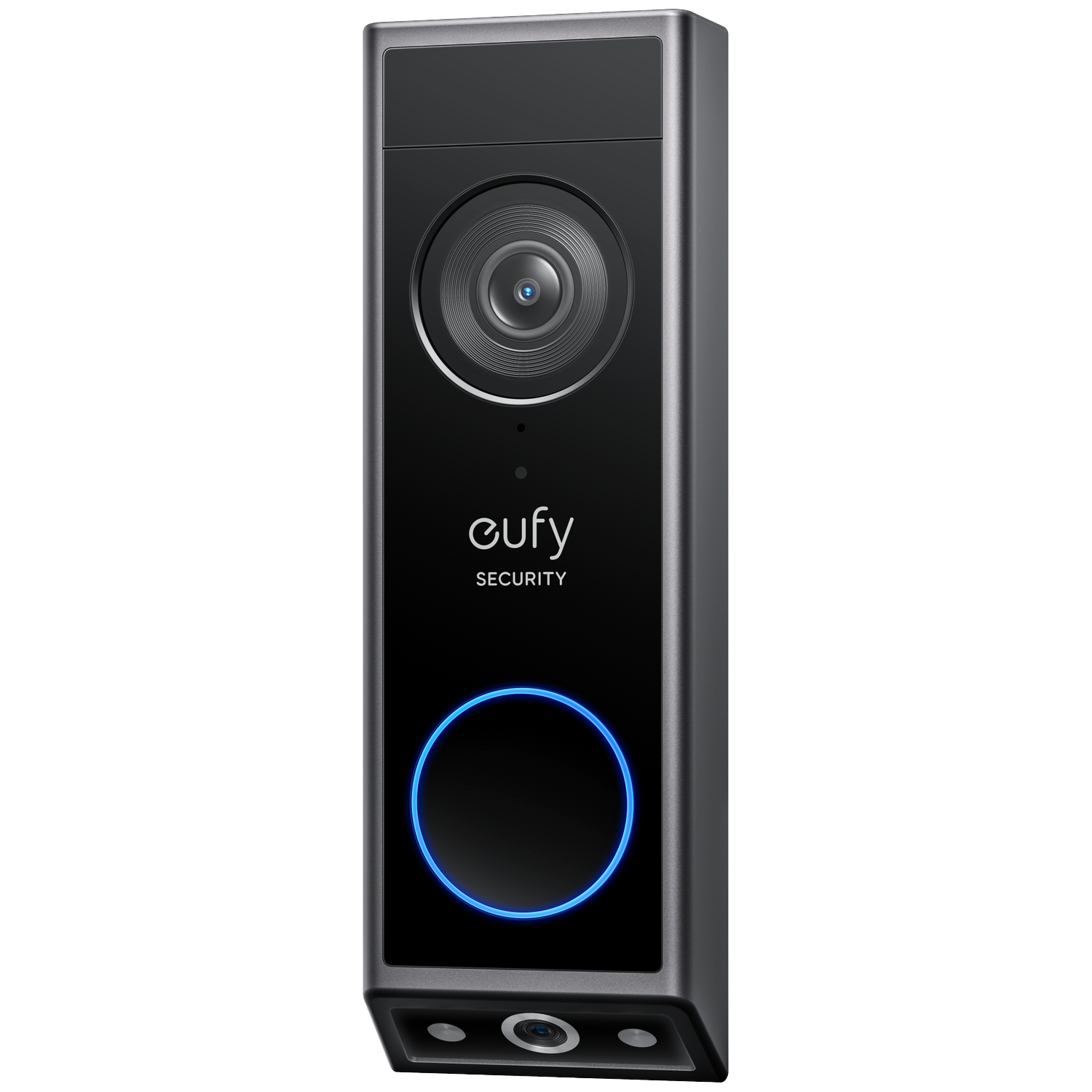 A black eufy security doorbell with a camera, a blue light ring, and the eufy logo.