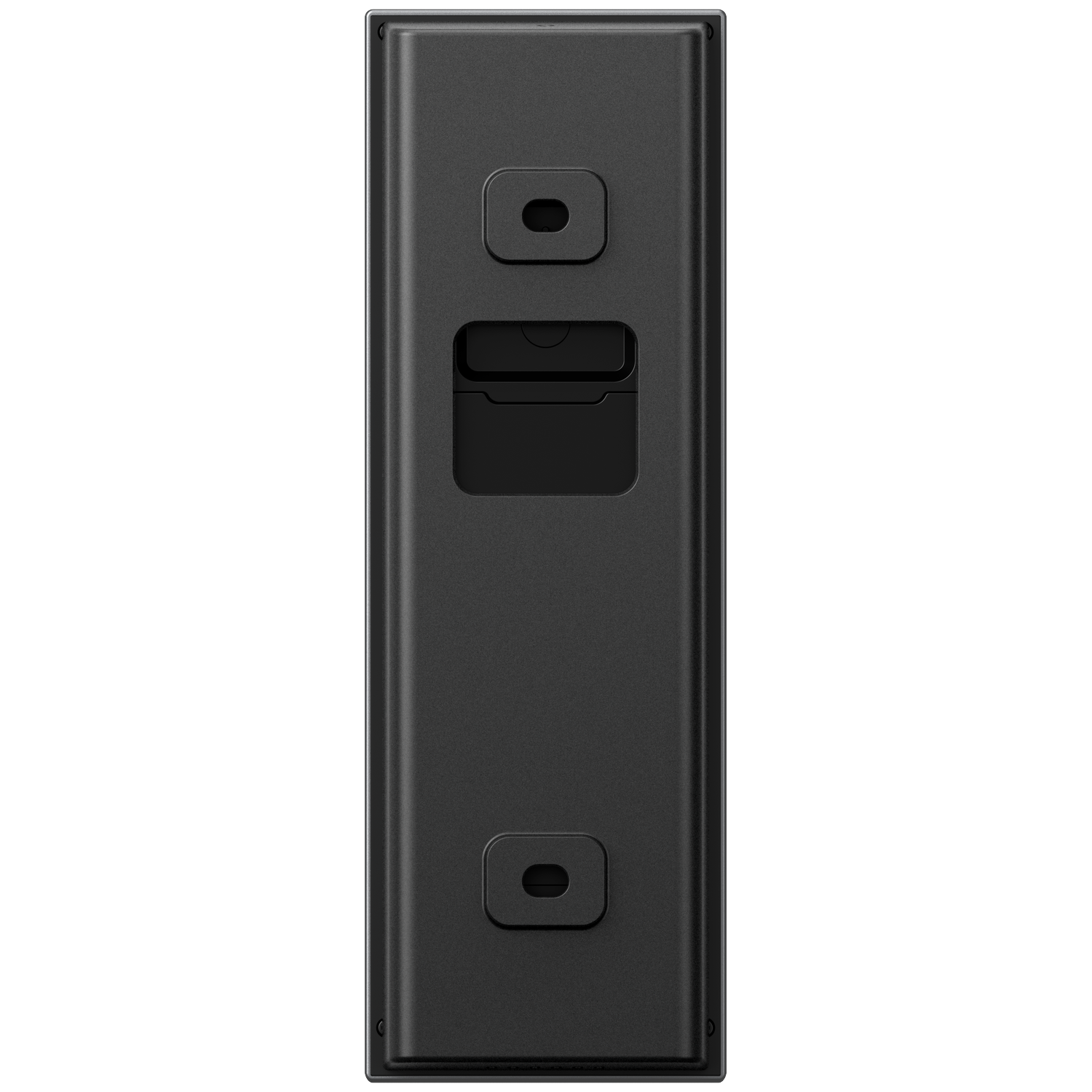 A close-up of a black rectangular device with rounded corners. It has two oval-shaped buttons and a rectangular slot.
