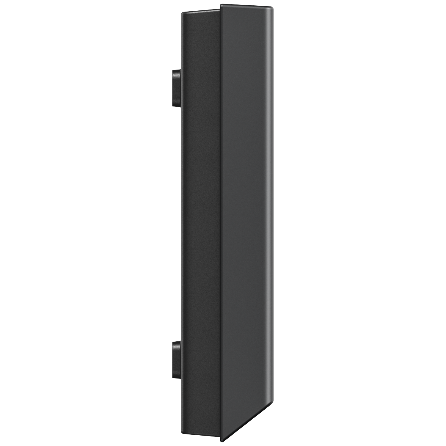 A black rectangular device is shown in profile. It has two small, circular attachments on the left side and a smooth surface.