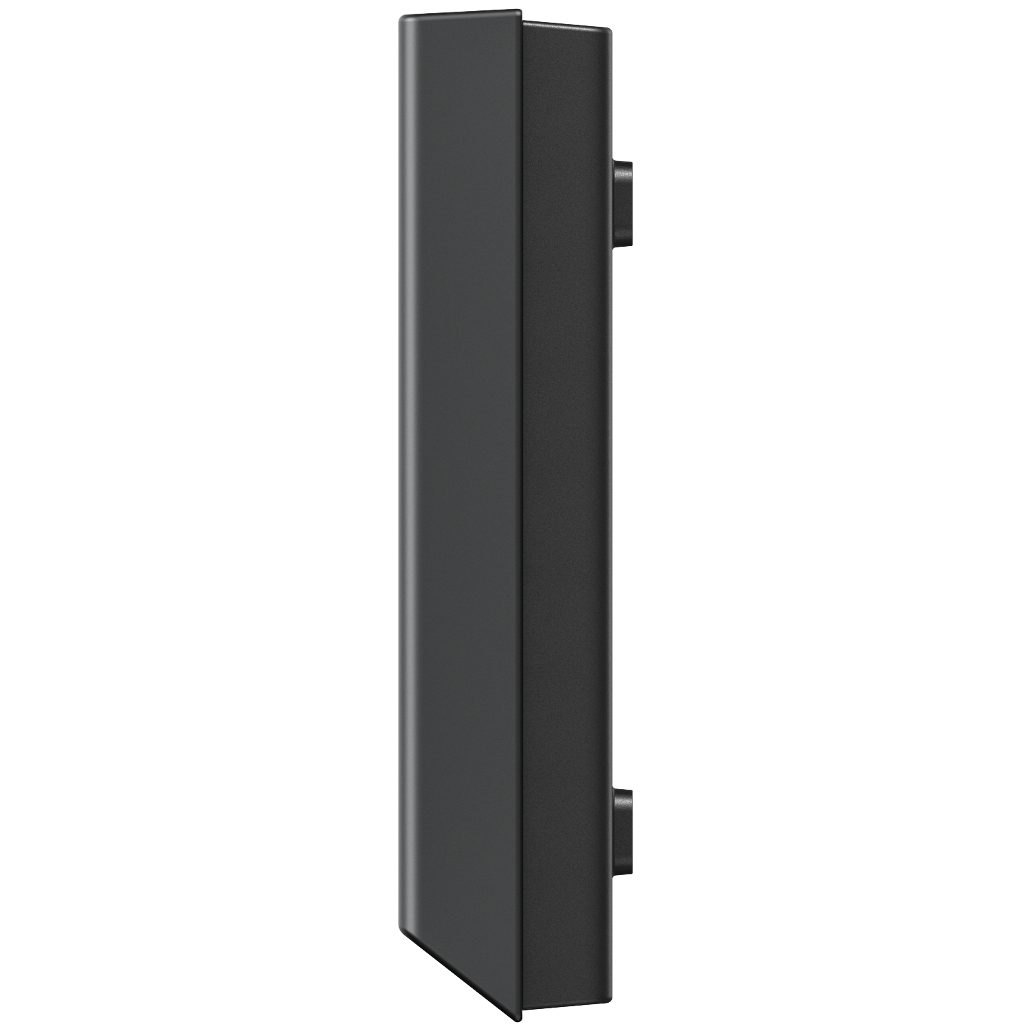A black rectangular device, possibly a component, is positioned vertically against a white background. It has two protruding knobs.