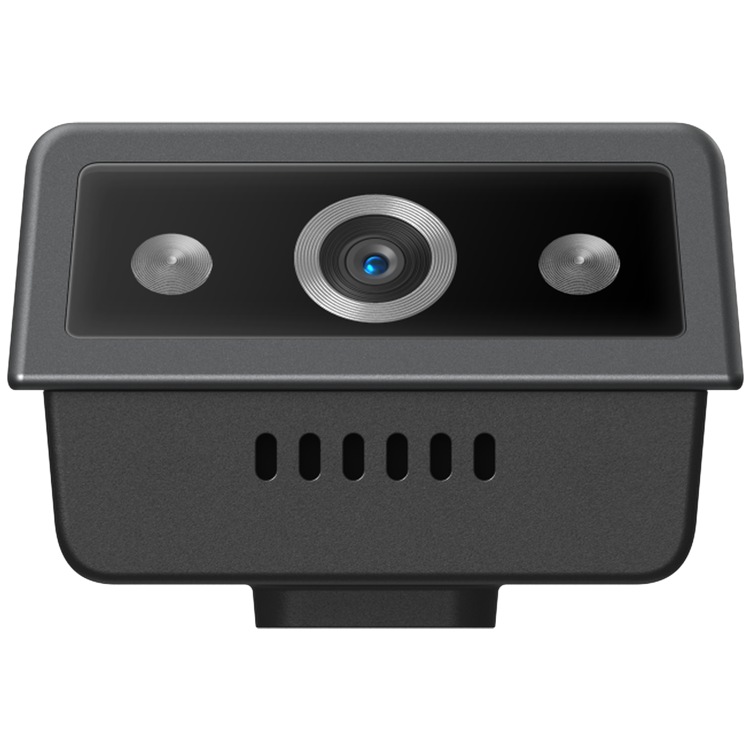 A black webcam with a central lens, two side buttons, and six bottom vents. The lens has a blue center.
