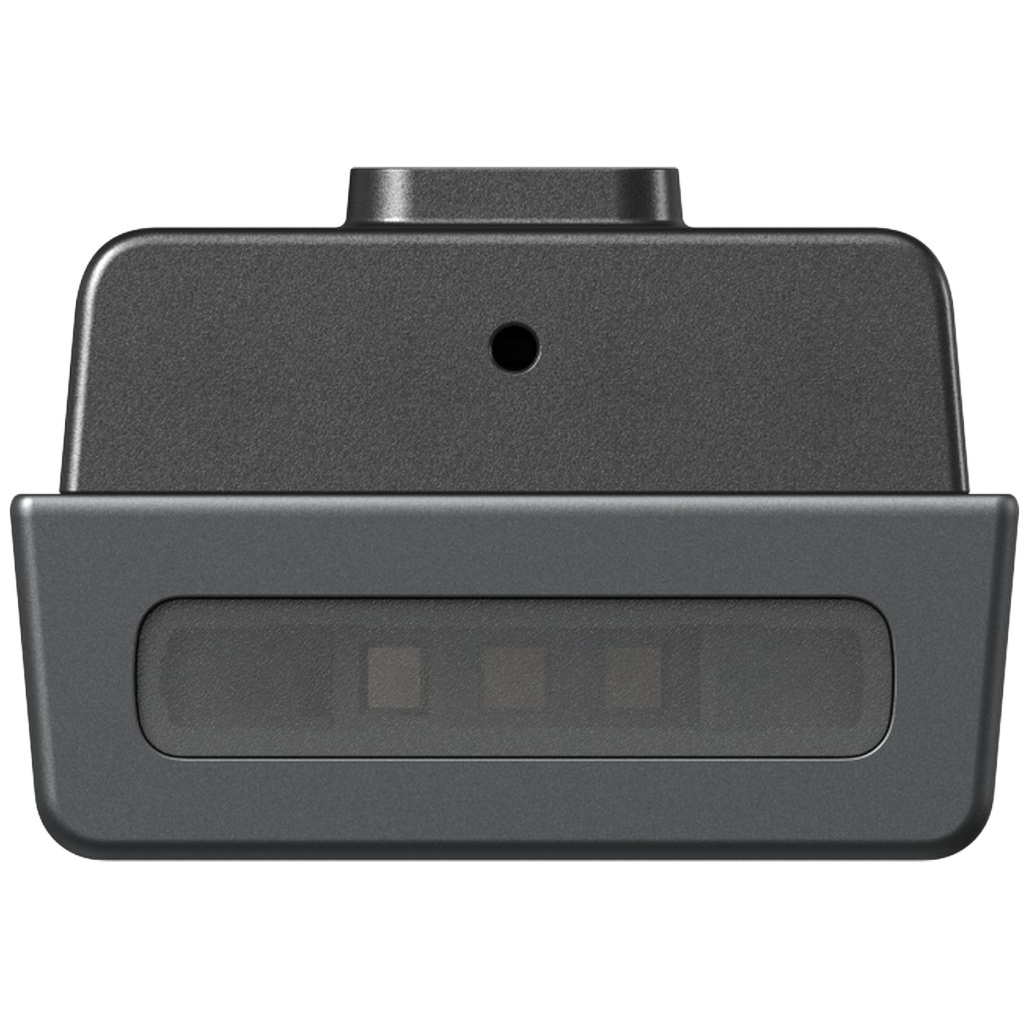 A close-up of a dark gray rectangular device with a small hole and a rectangular slot containing three smaller squares.