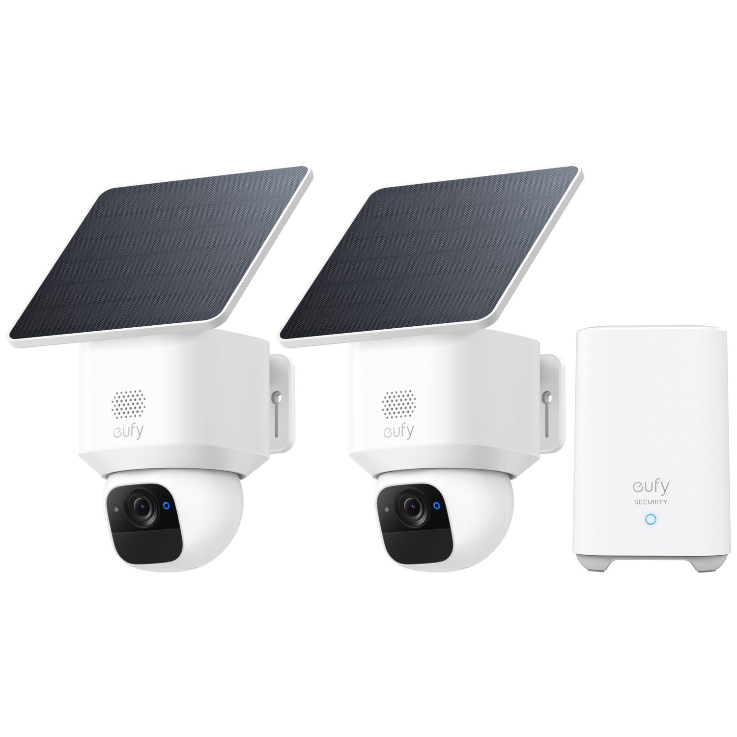 Two white security cameras with solar panels and a base station. The cameras have a black lens and a blue light.