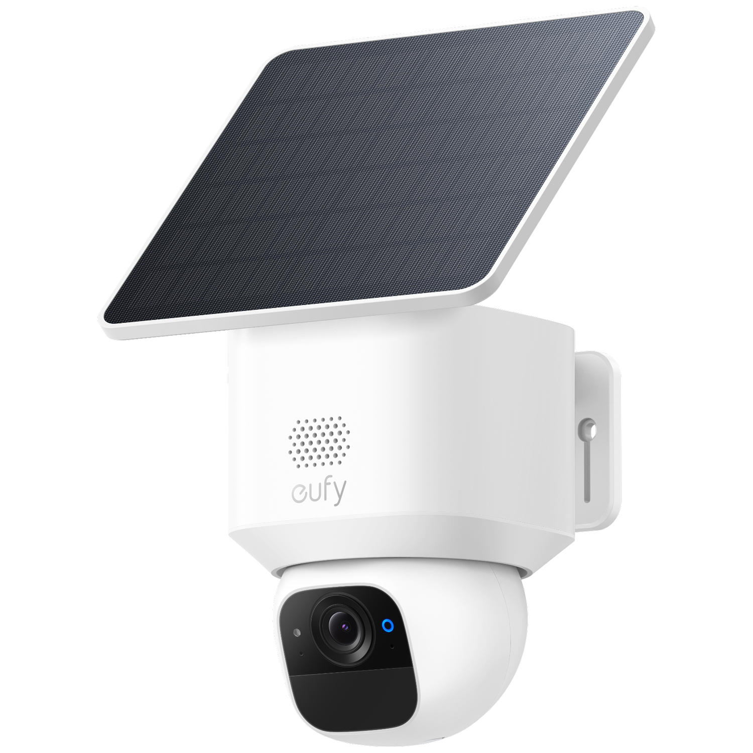 White eufy security camera with a solar panel on top. The camera has a rounded base and a black lens. A blue light is visible.
