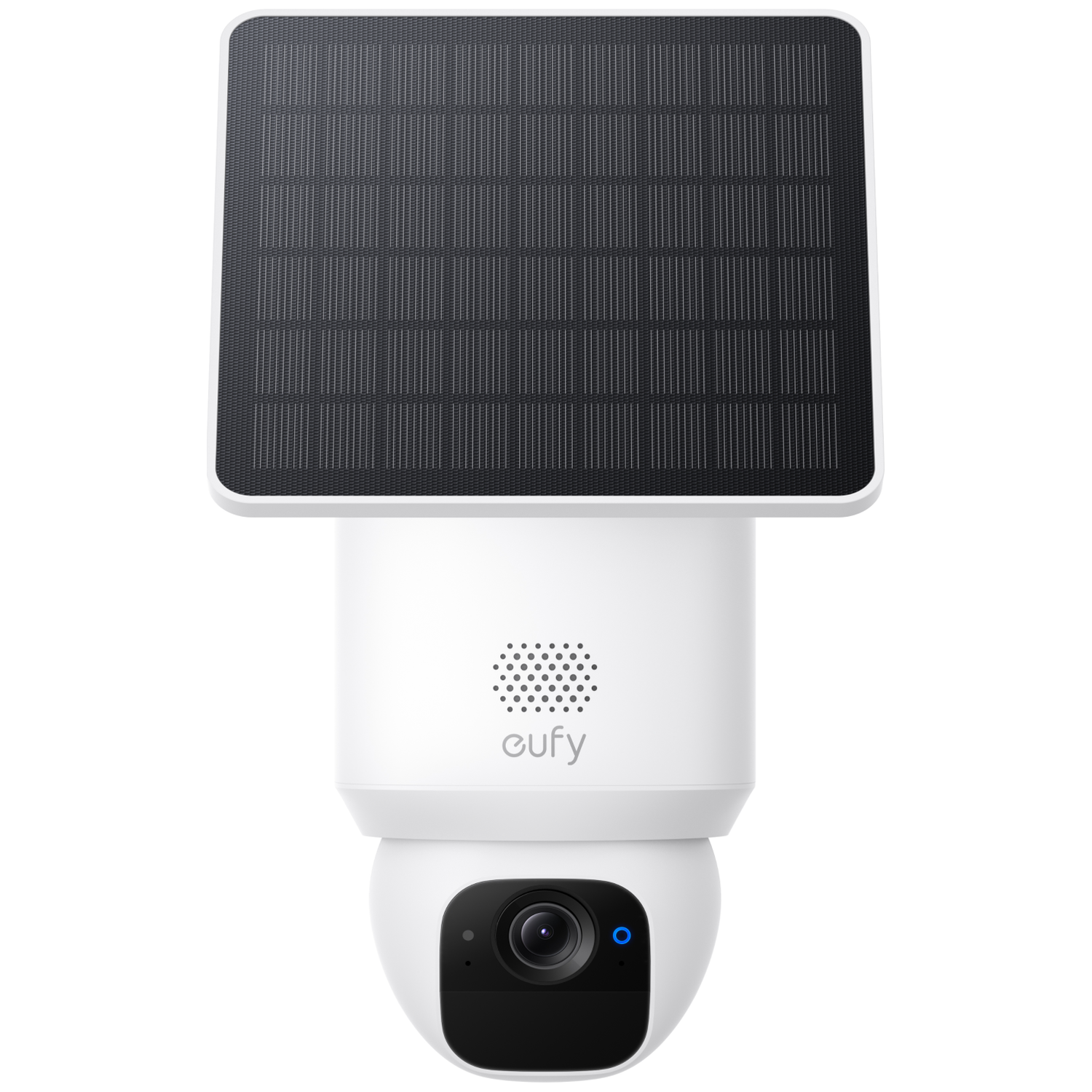 White security camera with black solar panel on top. The camera has a lens and the brand 'eufy' is visible.