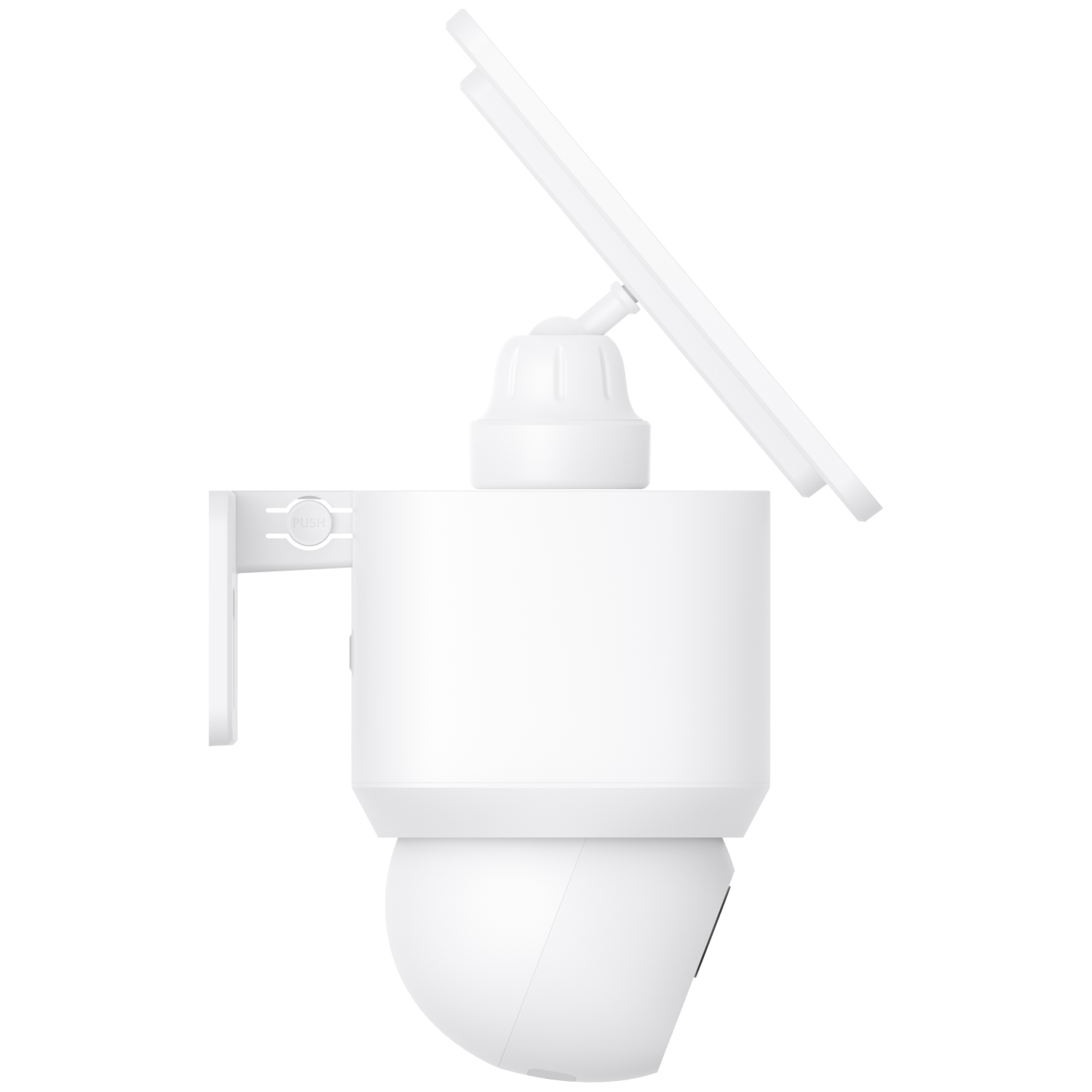 A white security camera with a solar panel. It has a rounded base, a cylindrical body, and a bracket for wall mounting.