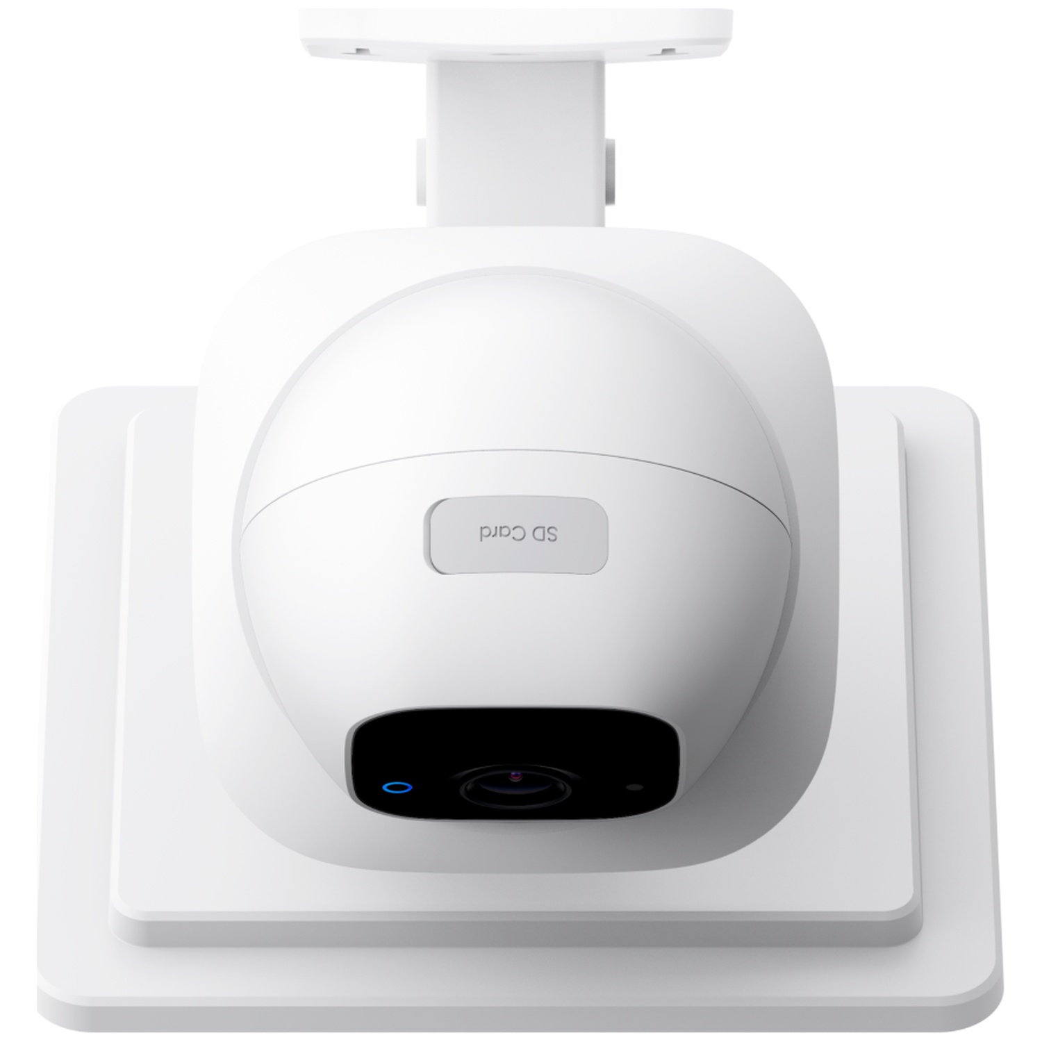 A white security camera with a rounded body and a black lens. It has a blue light and is mounted on a white base.