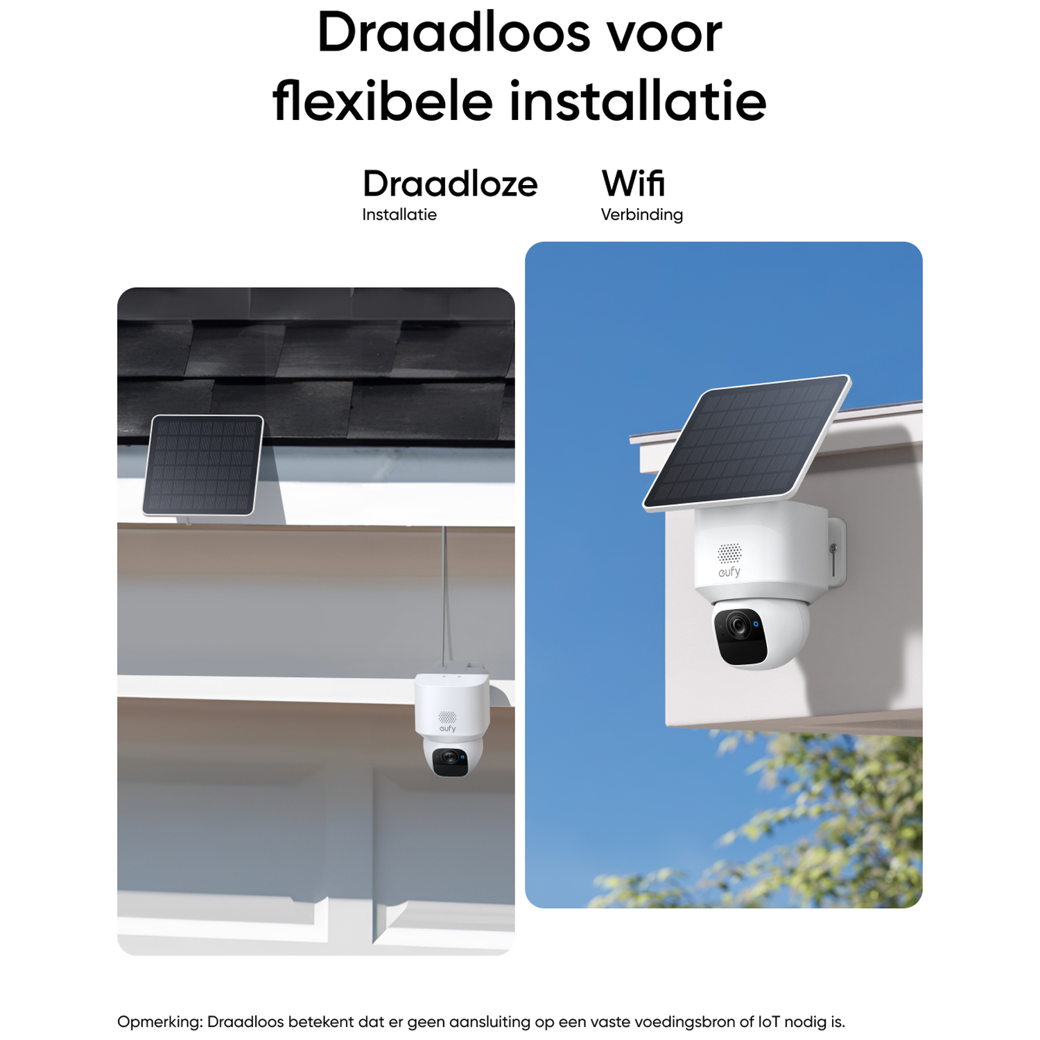 Image shows wireless security cameras with solar panels. One mounted on roof, another on wall. Text highlights wireless installation.